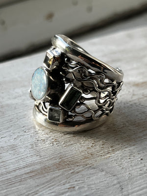 Opal and Tourmaline Sterling Silver Gemstone Ring