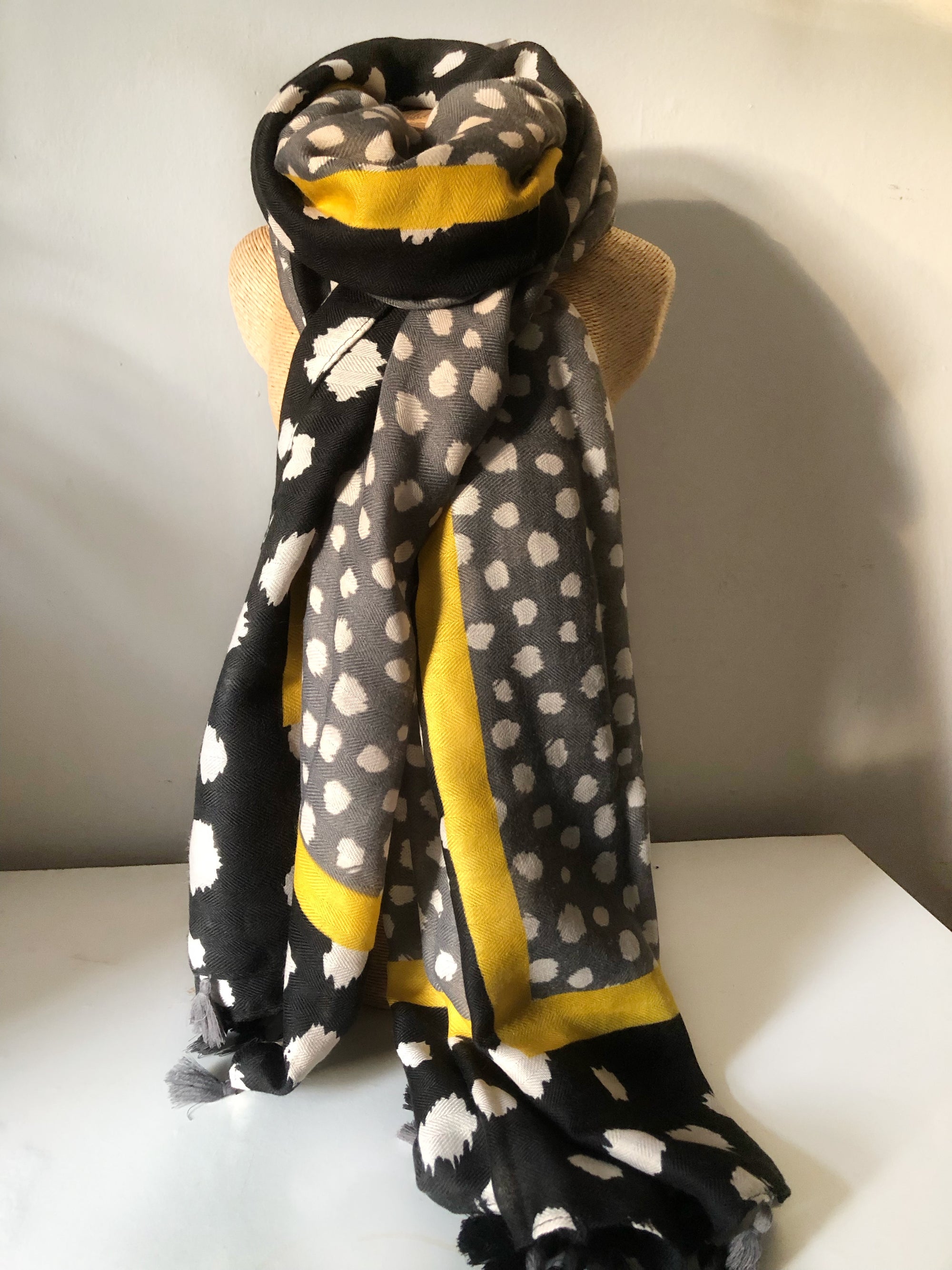 Grey, White and Yellow Spotted Print Scarf