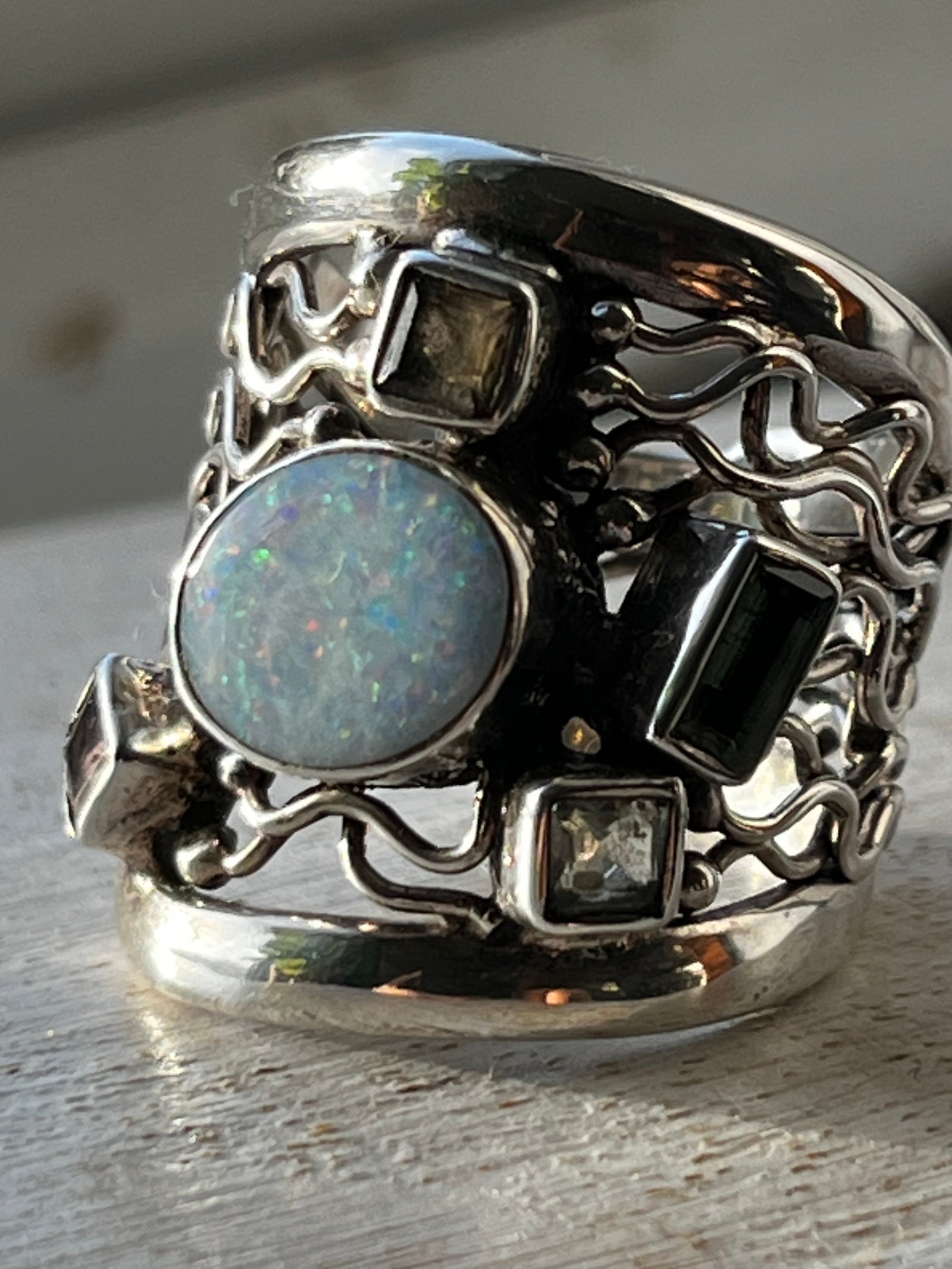 Opal and Tourmaline Sterling Silver Gemstone Ring