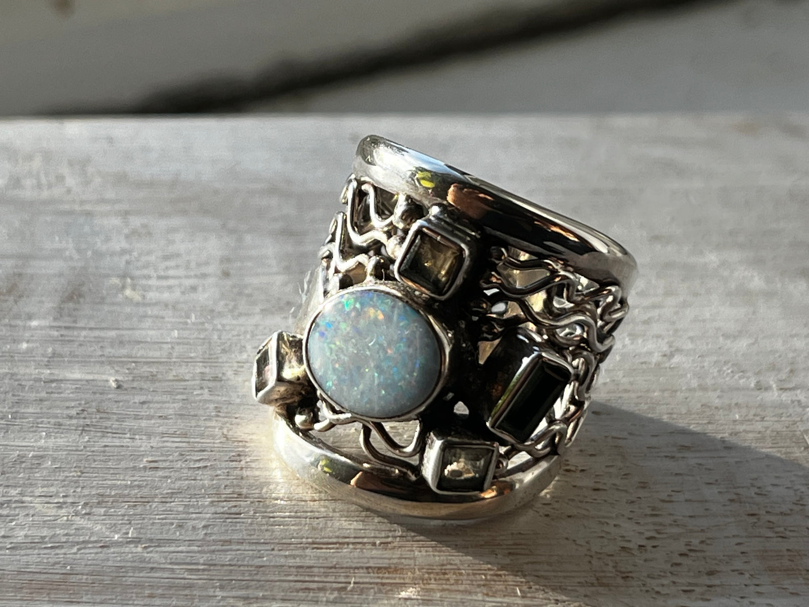 Opal and Tourmaline Sterling Silver Gemstone Ring