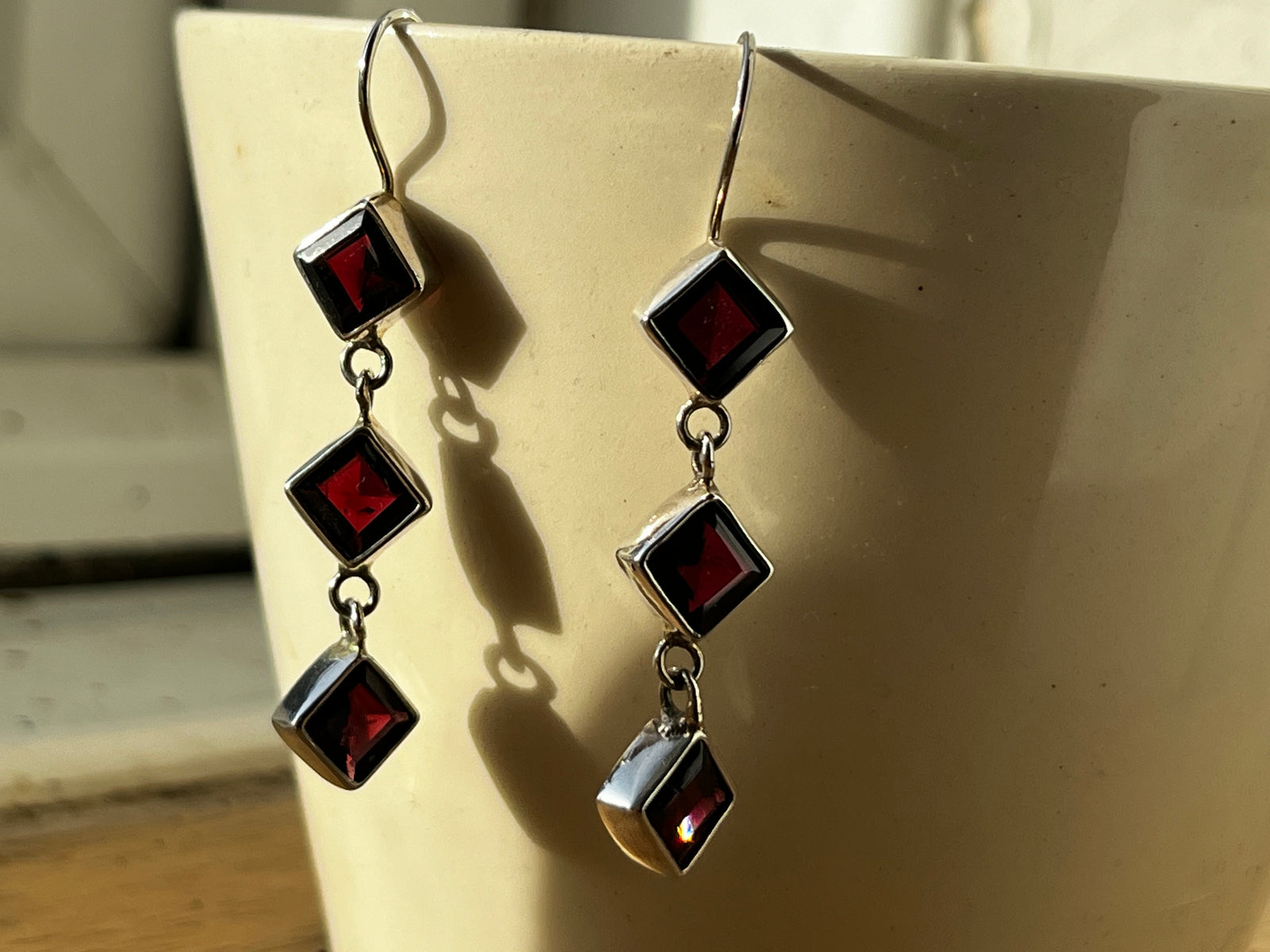 Triple Faceted Garnet Silver Drop Earrings