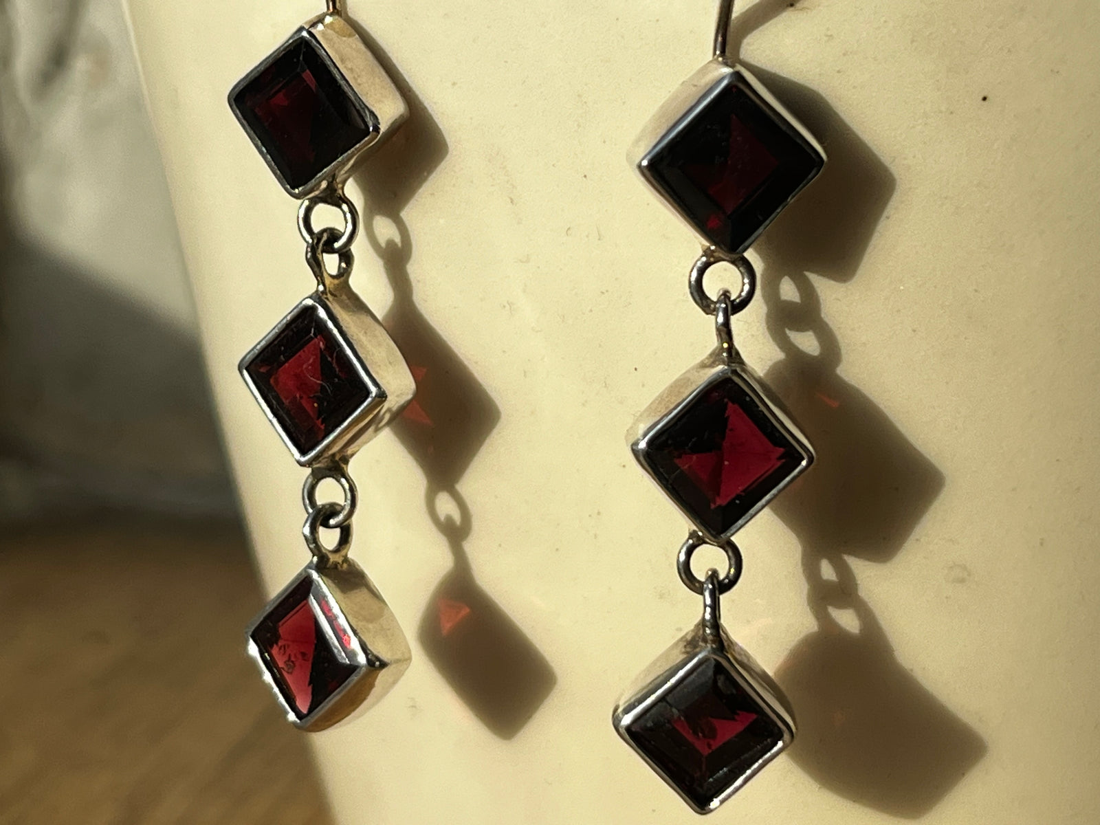 Triple Garnet Silver Drop Earrings