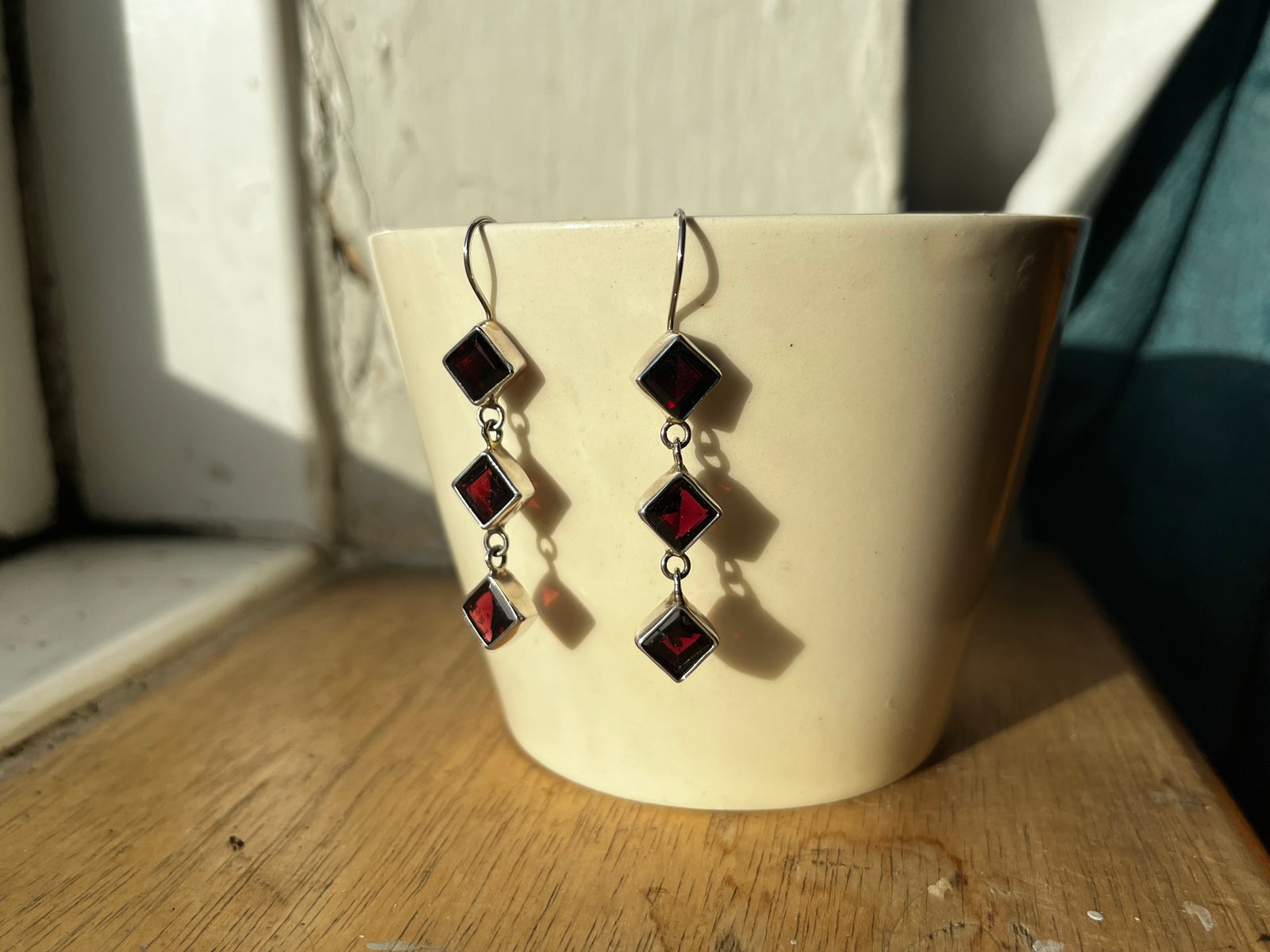 Triple Garnet Silver Drop Earrings