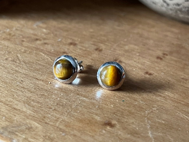 Medium Tigers Eye Round Silver Stud Earrings