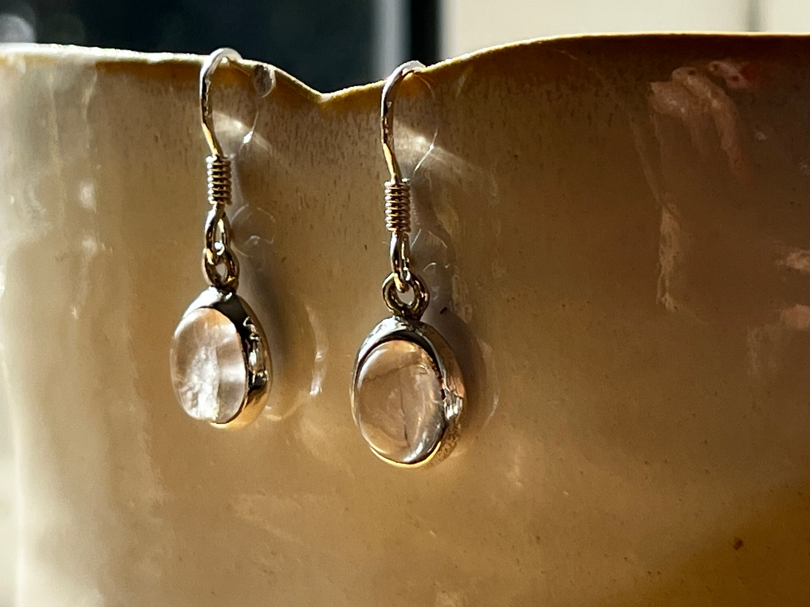 Rose Quartz Oval Silver Drop Earrings