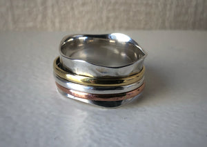 Brass, Copper and Sterling Silver Tri-Color Wave Spinning Ring Tiger Lily London