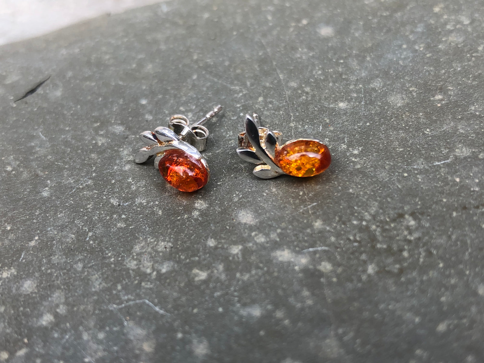 Baltic Amber Sterling Leaf Stud Earrings