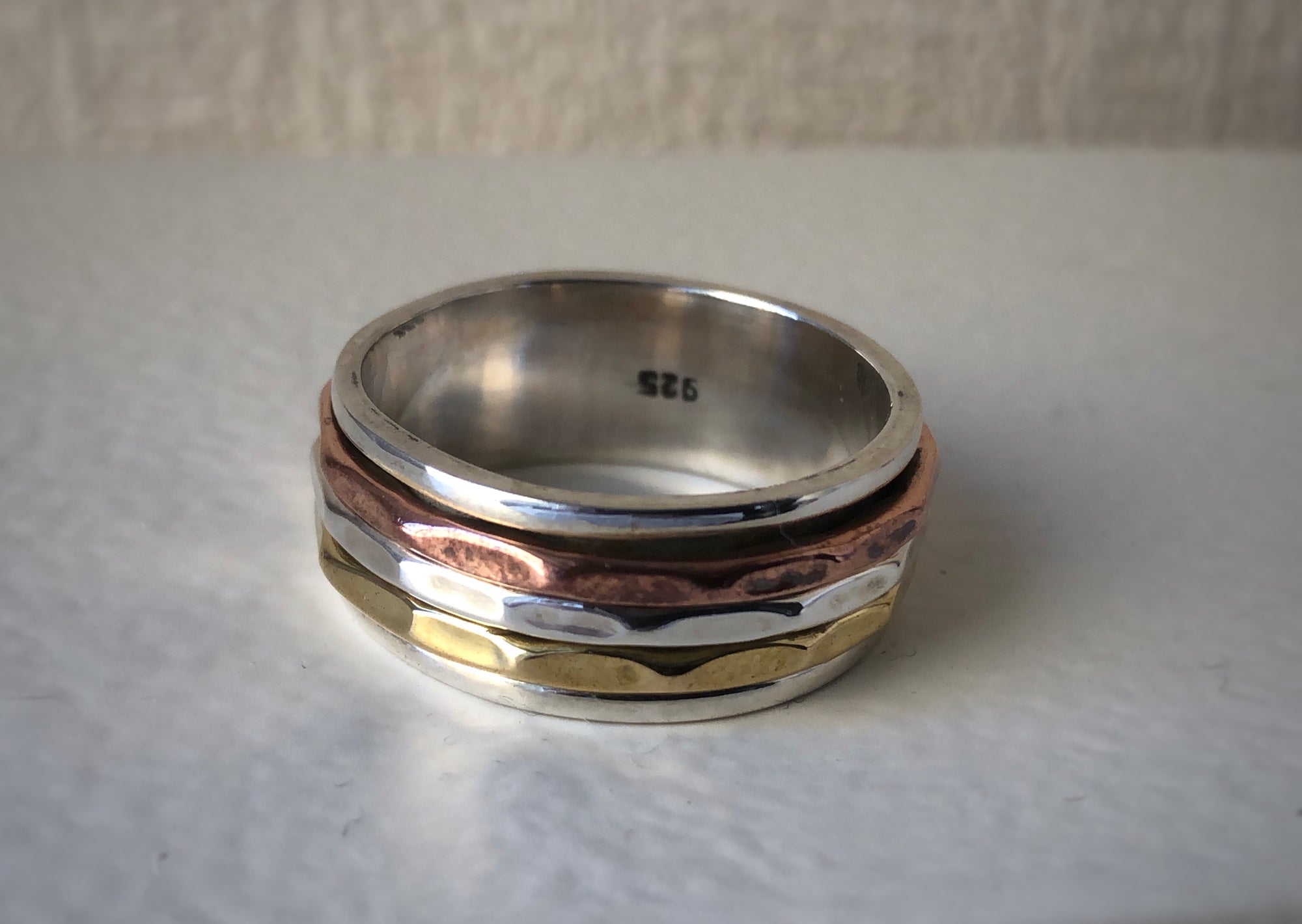 Brass, Copper and Sterling Silver Hammered Spinning Ring Tiger Lily London