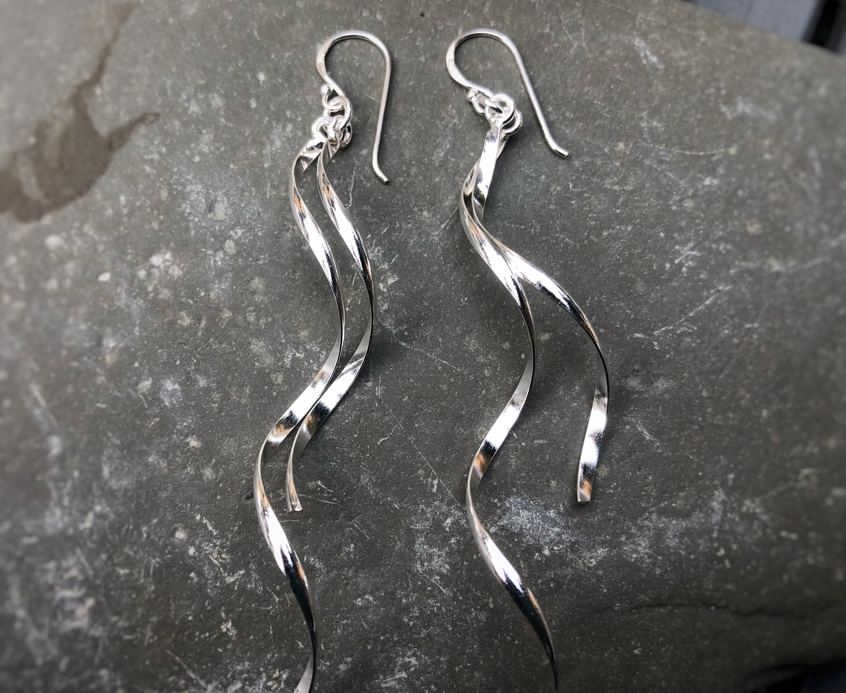 Sterling Silver Long Double Wave Earrings