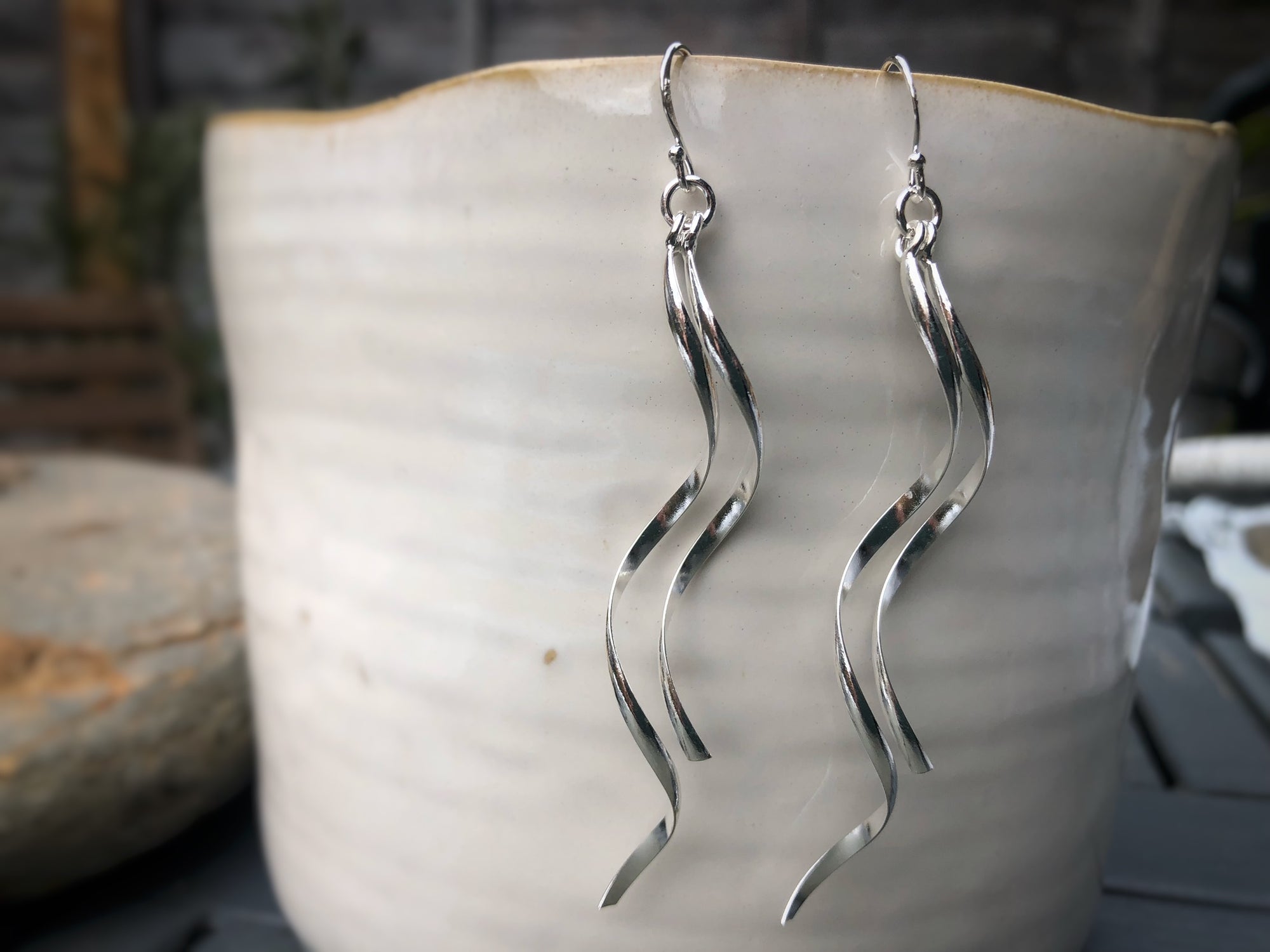Sterling Silver Long Double Wave Earrings