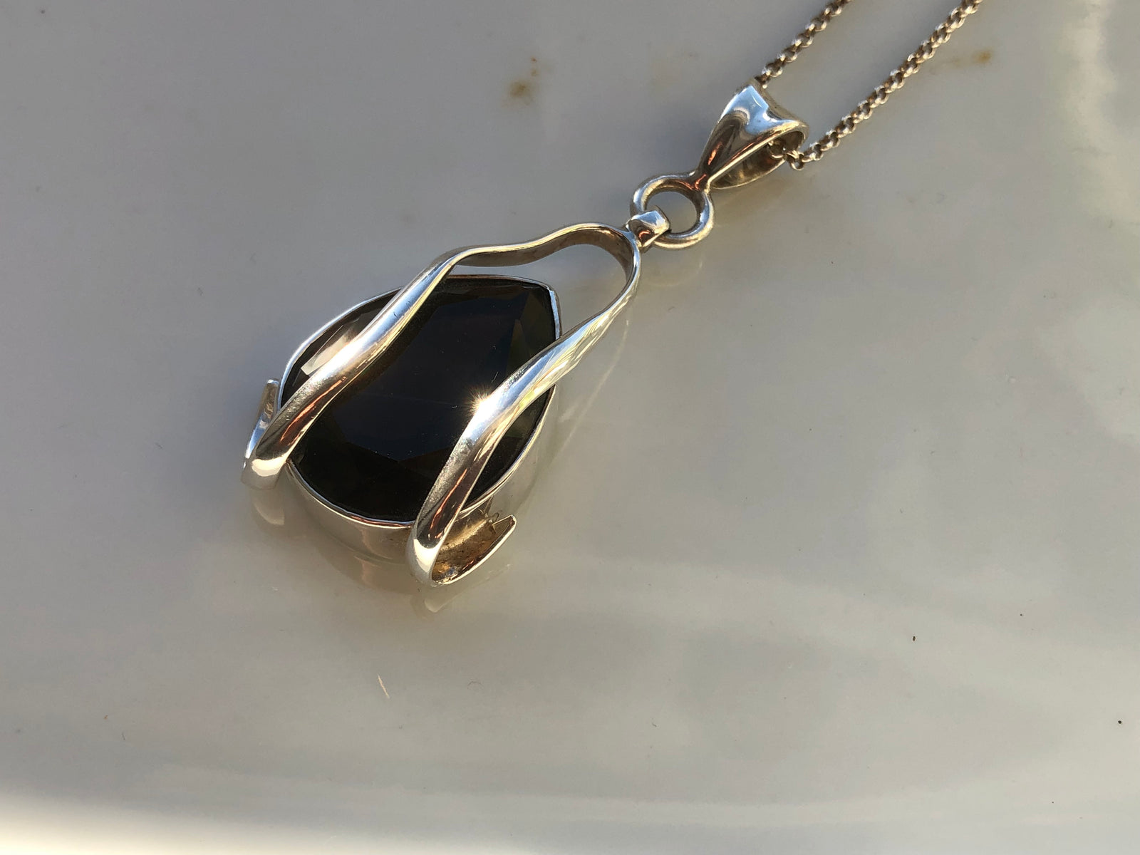 Smoky Quartz Chunky Teardrop Silver Pendant Necklace