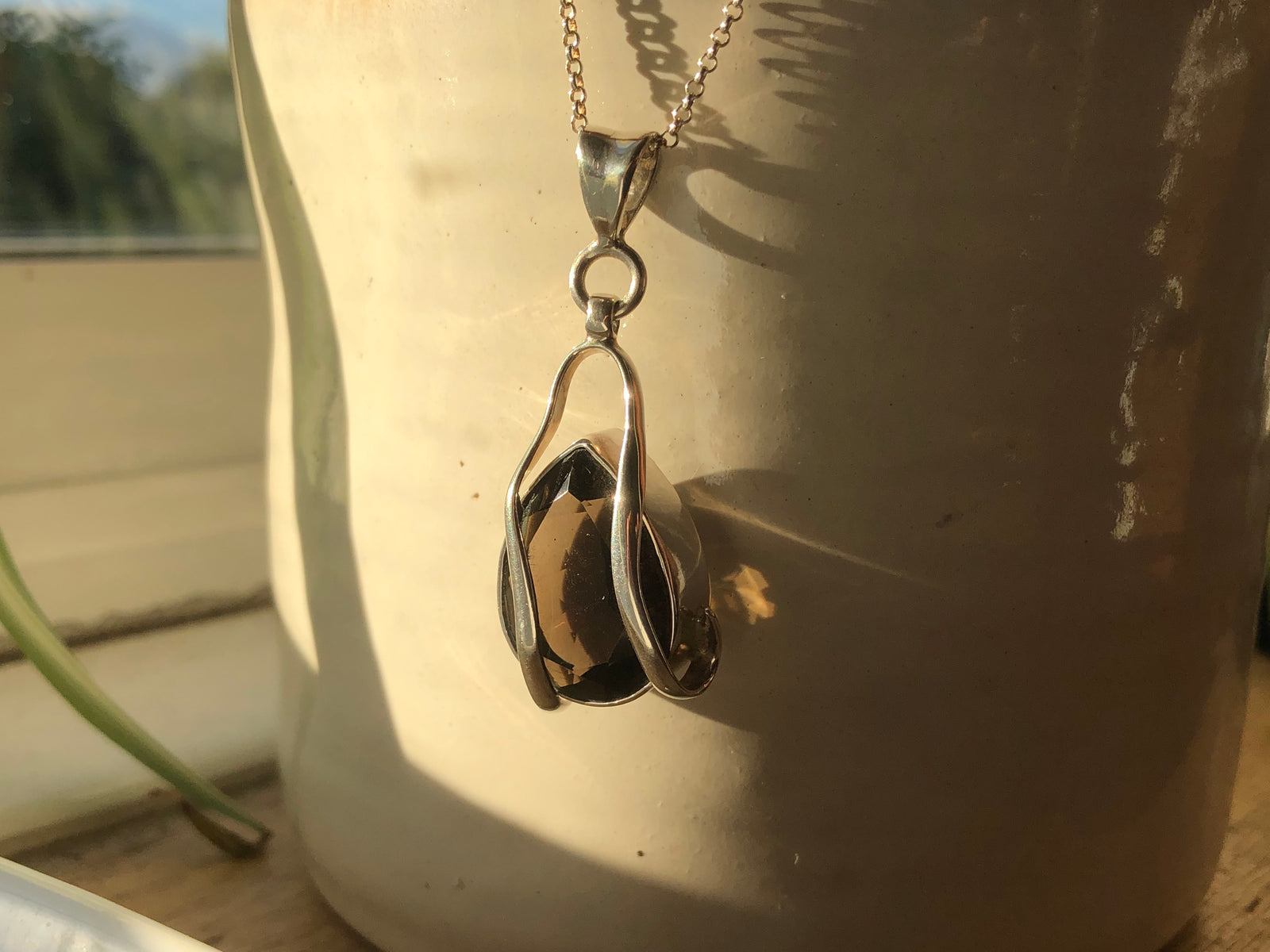 Smoky Quartz Chunky Teardrop Silver Pendant Necklace