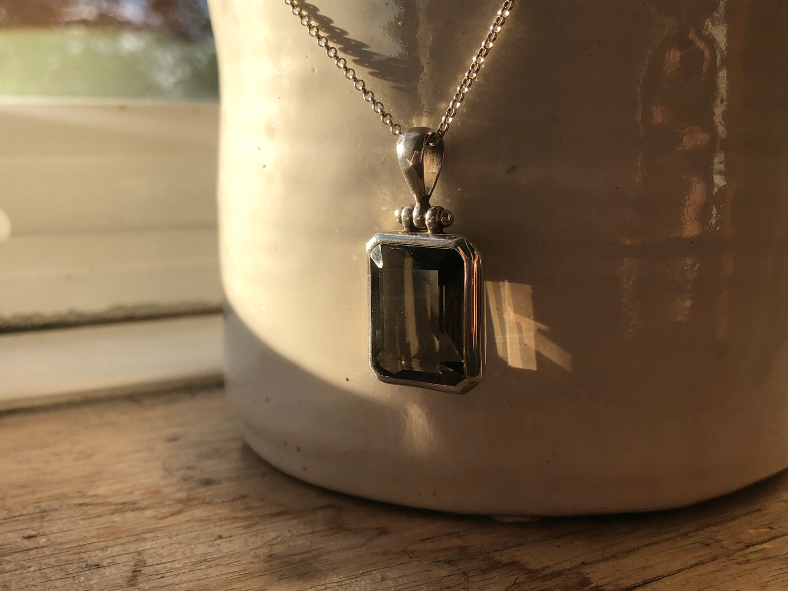 Smoky Quartz Chunky Rectangle Silver Pendant