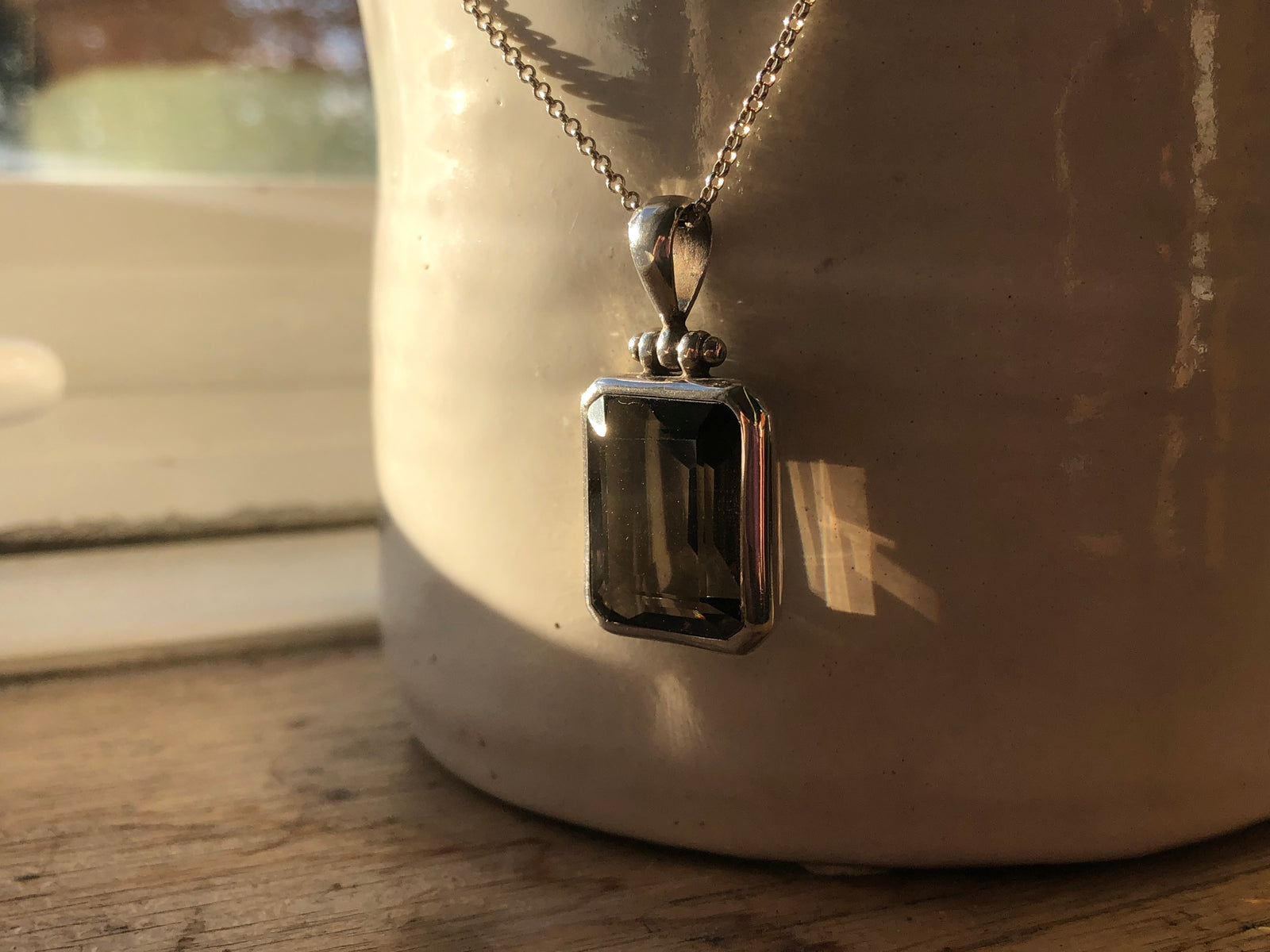 Smoky Quartz Chunky Rectangle Silver Pendant