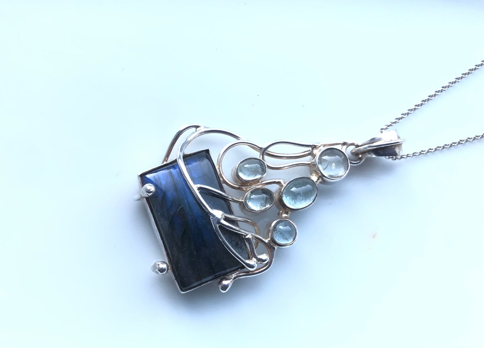 Labradorite and Aquamarine Sterling Silver Pendant Necklace