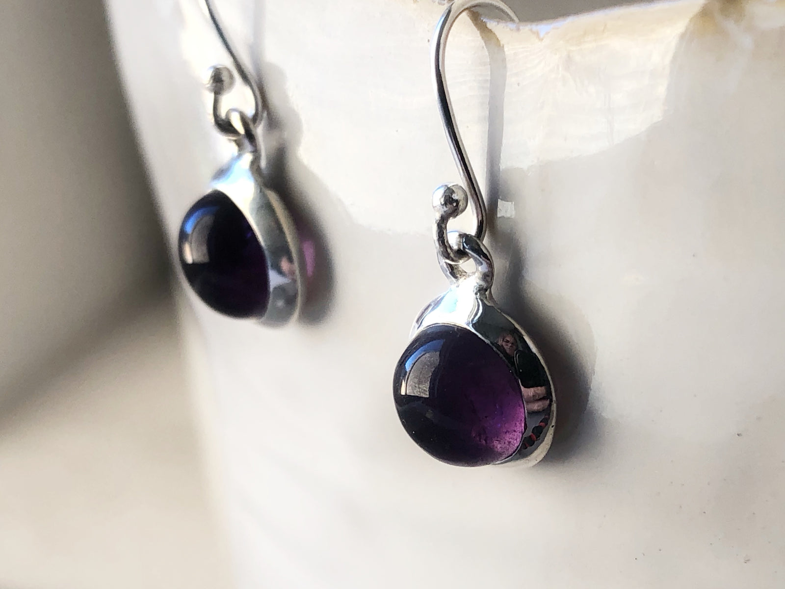 Medium Amethyst Round Silver Drop Earrings