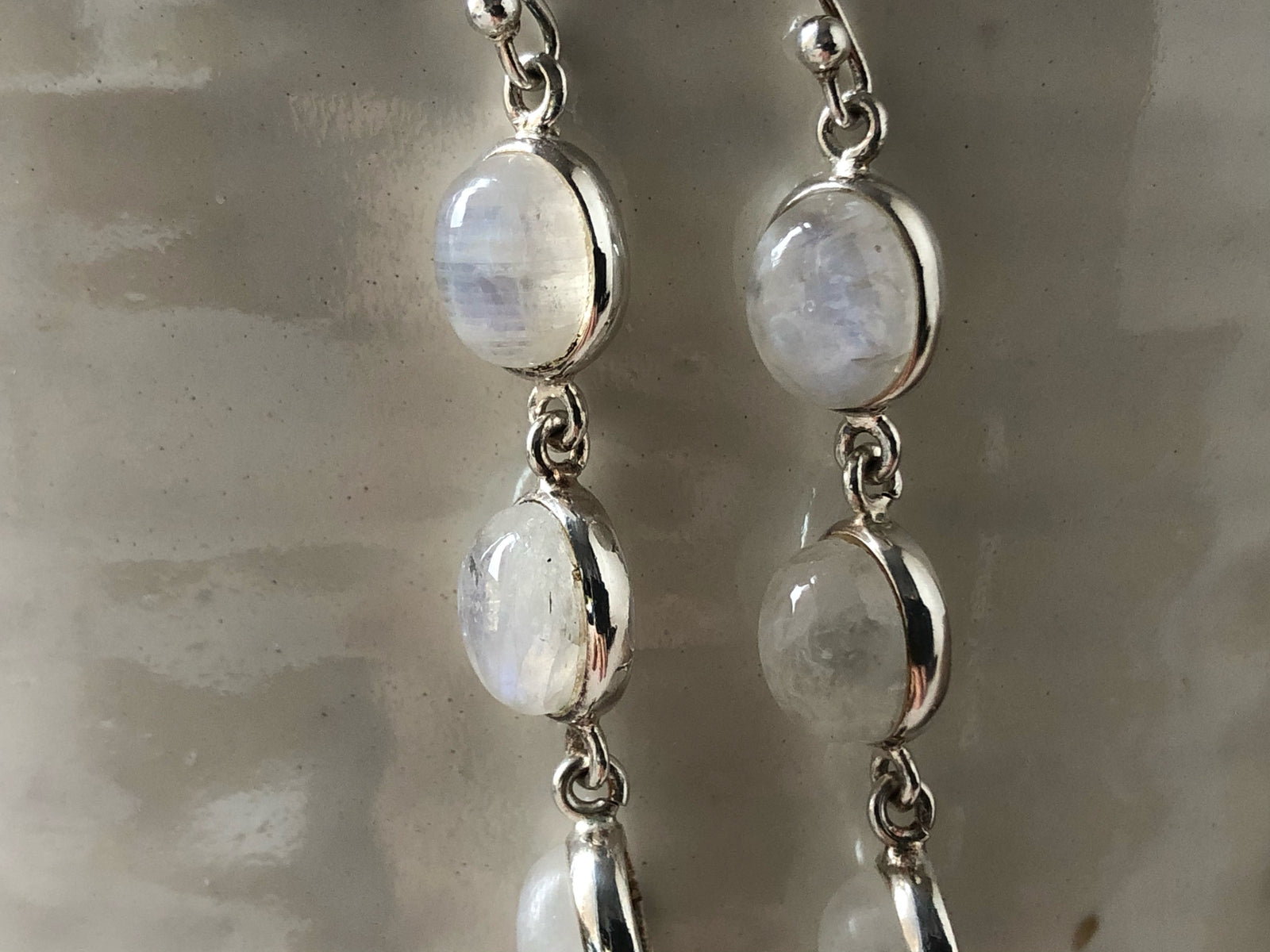 Triple Oval Moonstone Silver Earrings