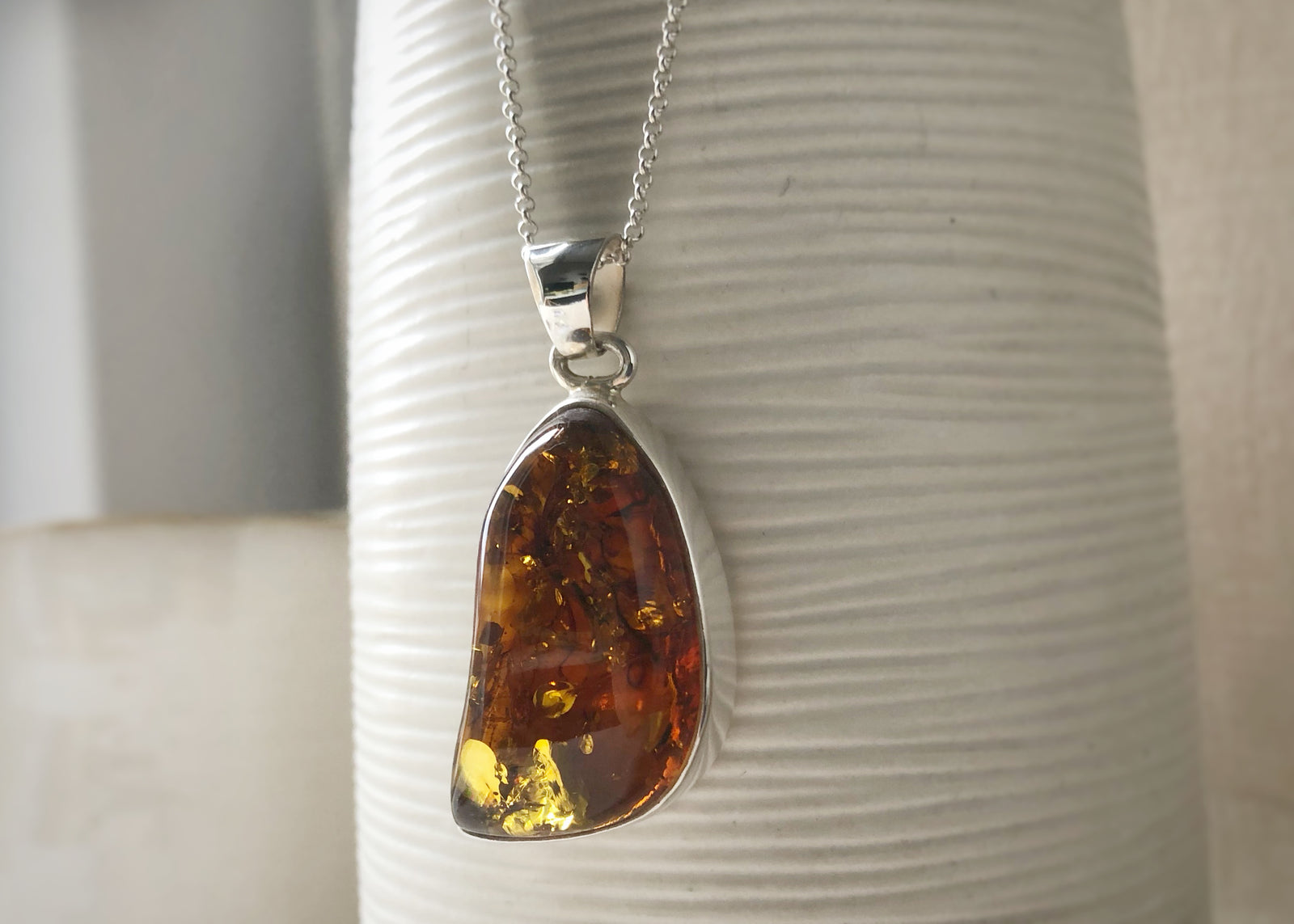 Baltic Toffee Amber Sterling Silver Medium Pendant Necklace Tiger Lily London