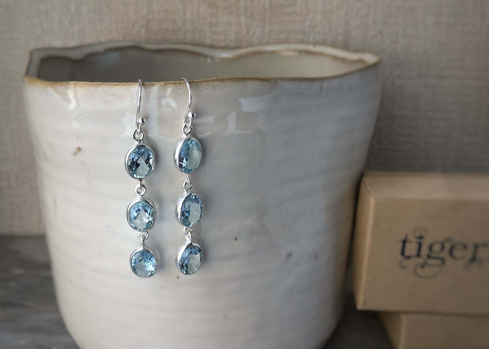 Triple Oval Blue Topaz Silver Earrings