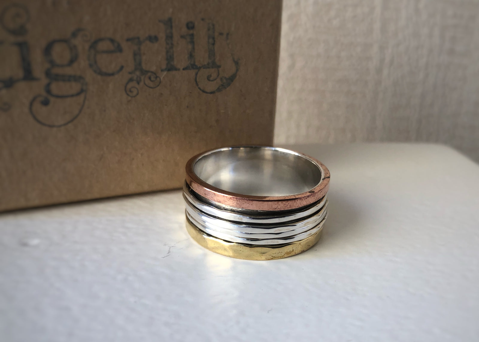 Brass, Copper and Sterling Silver Fortune Spinning Ring Tiger Lily London