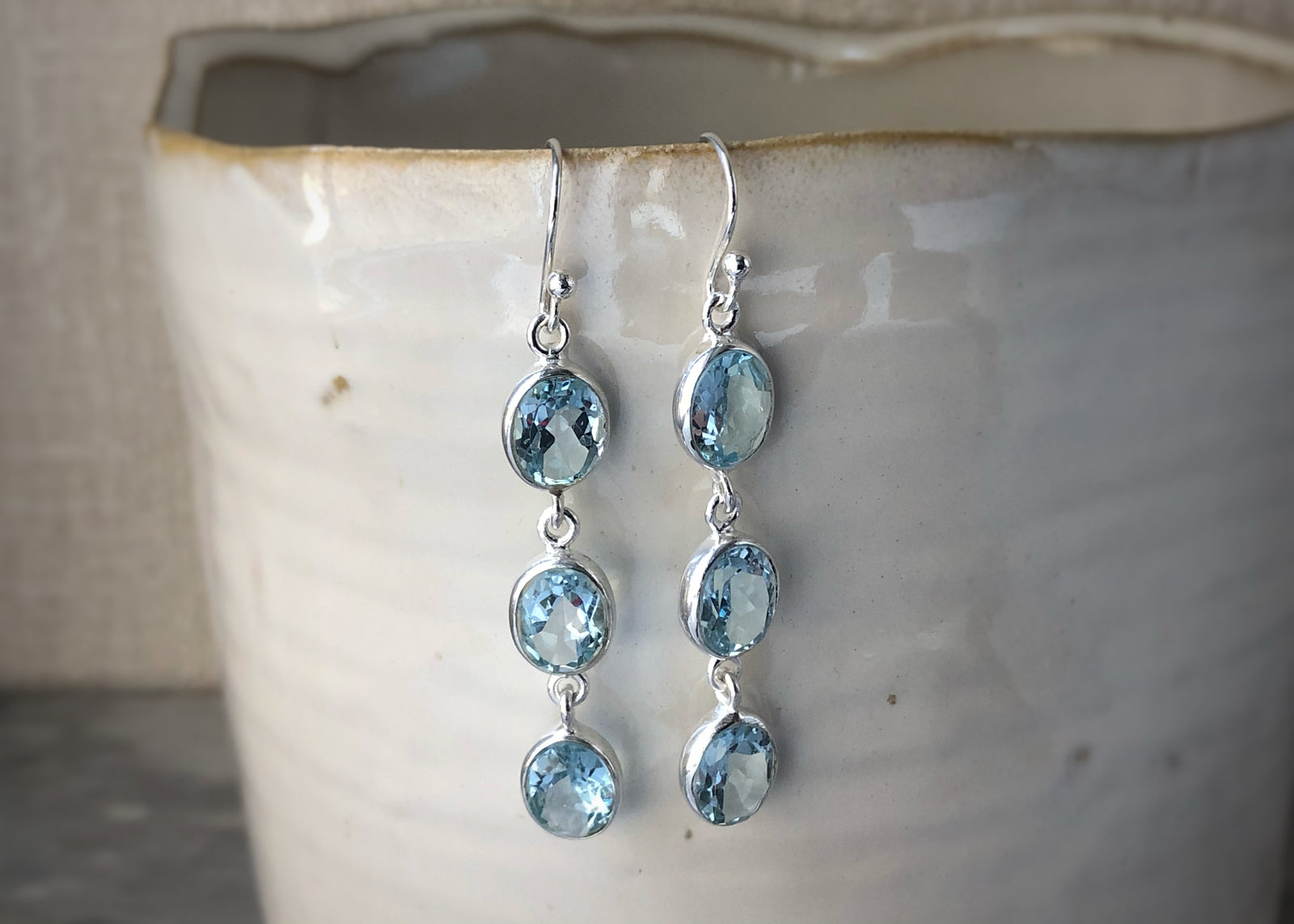 Triple Oval Blue Topaz Silver Earrings