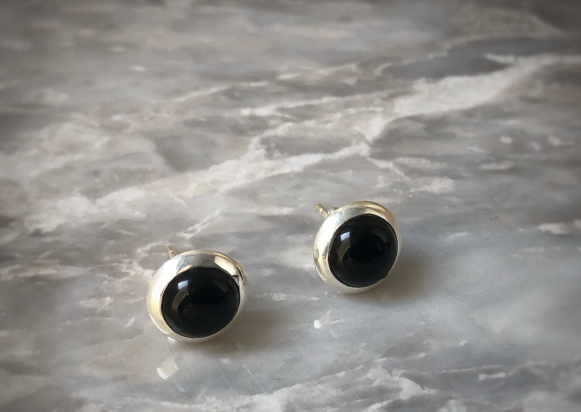 Black Onyx Round Sterling Silver Stud Earrings