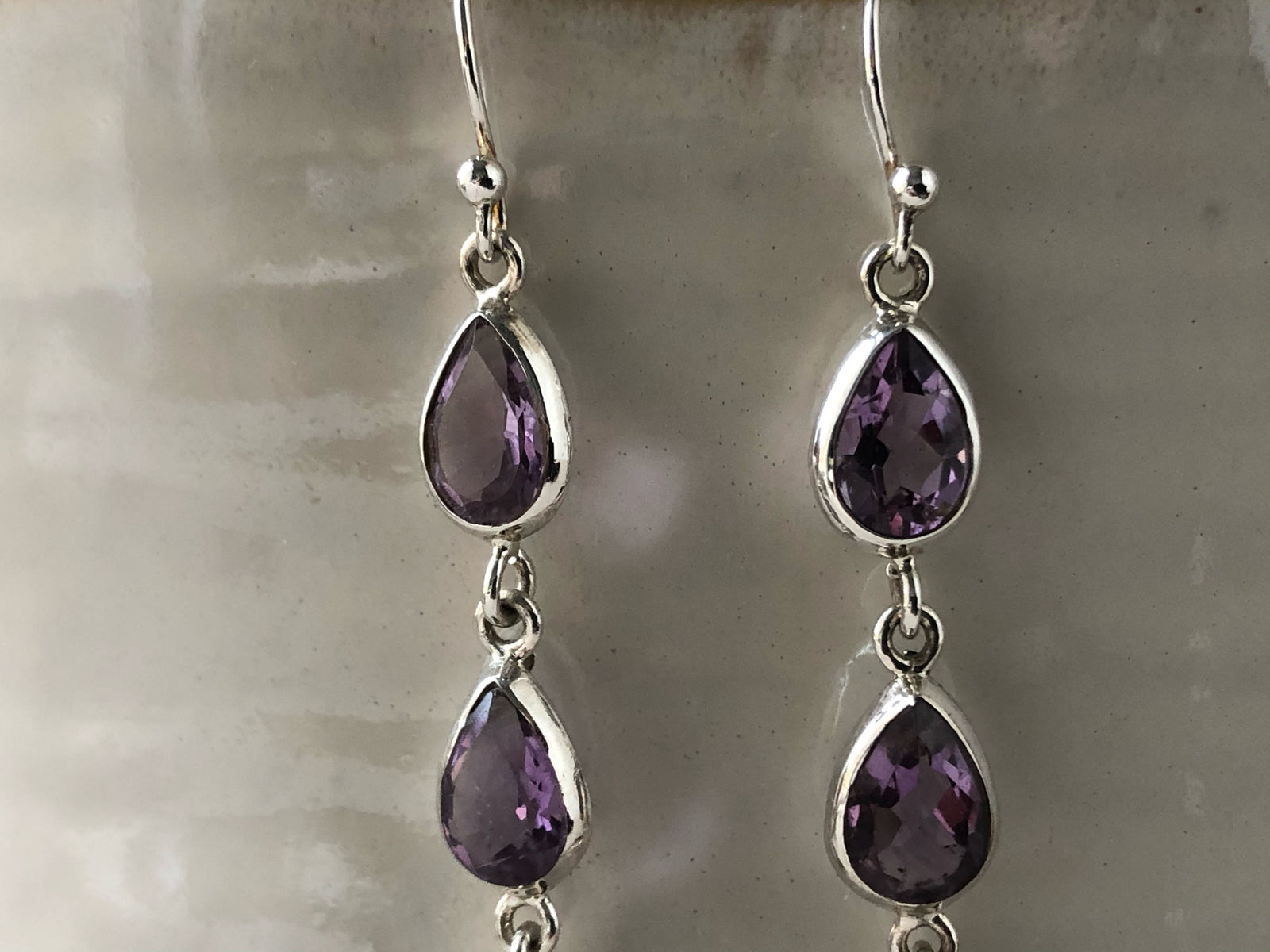 Triple Teardrop Amethyst Silver Earrings