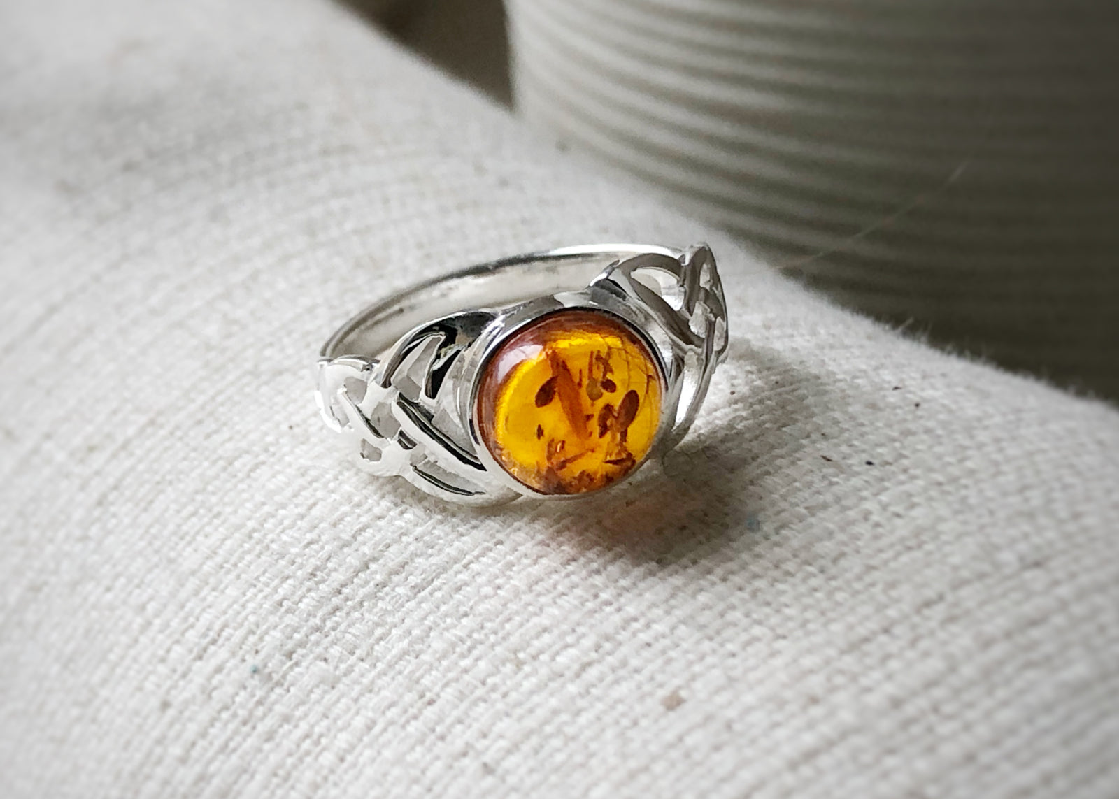 Baltic Amber Celtic Sterling Silver Ring Tiger Lily London