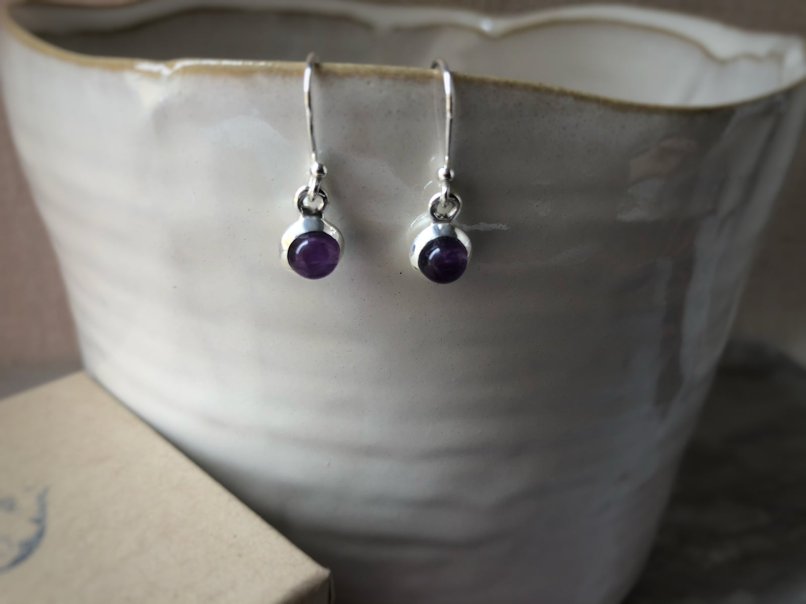 Small Amethyst Round Sterling Silver Drop Earrings