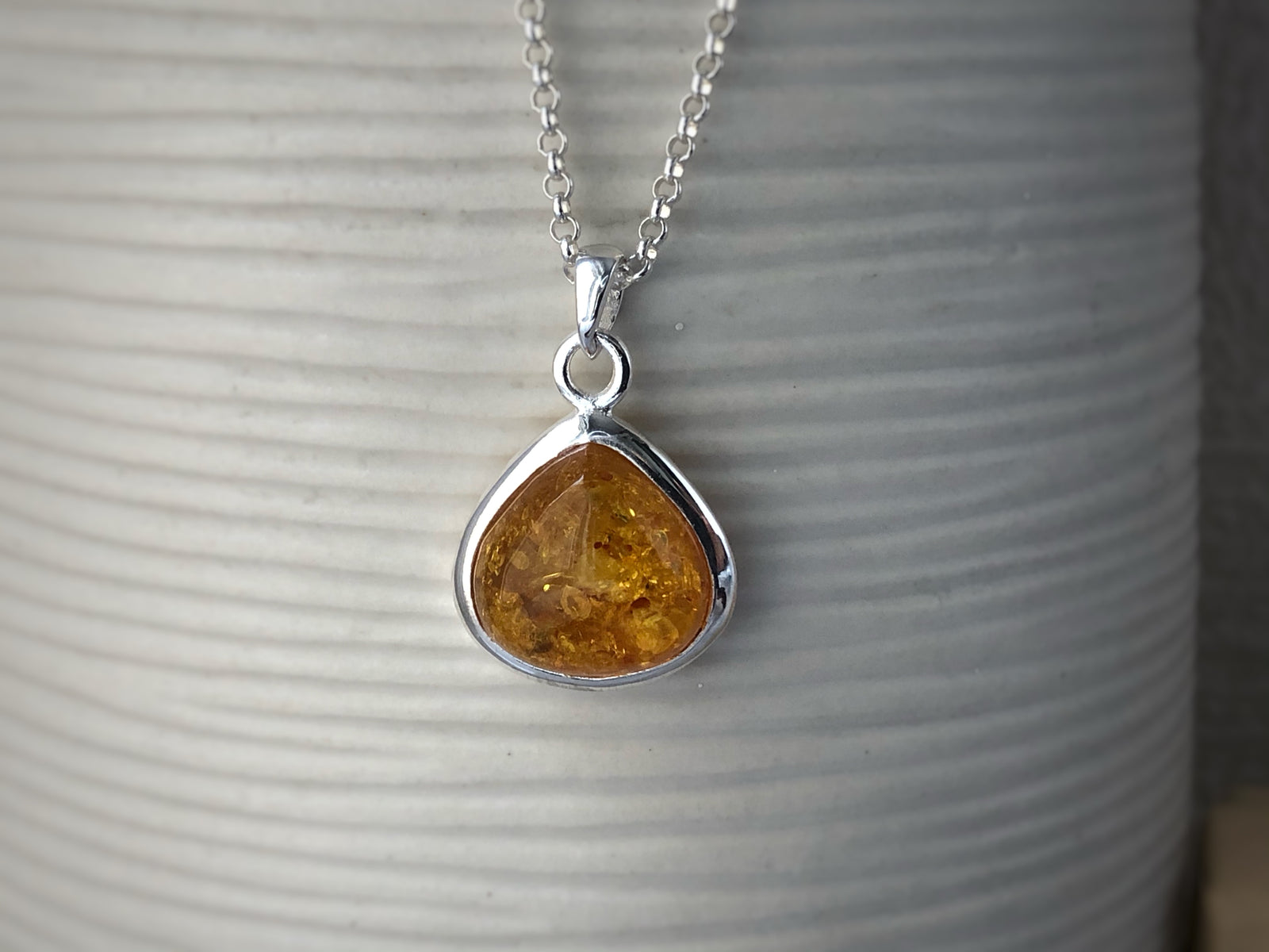 Baltic Amber Sterling Silver Drop Pendant Necklace Tiger Lily London