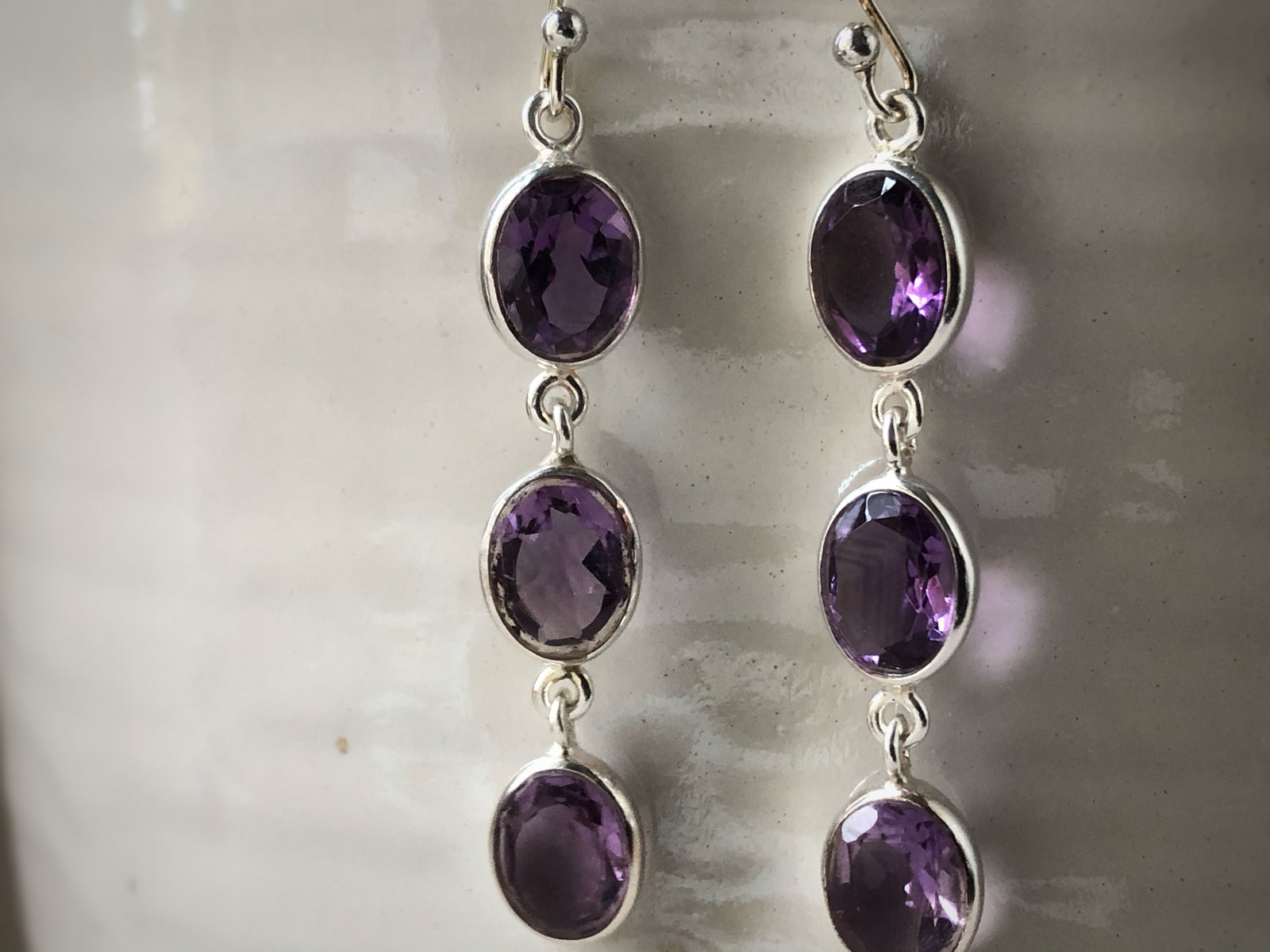 Triple Oval Amethyst Silver Earrings