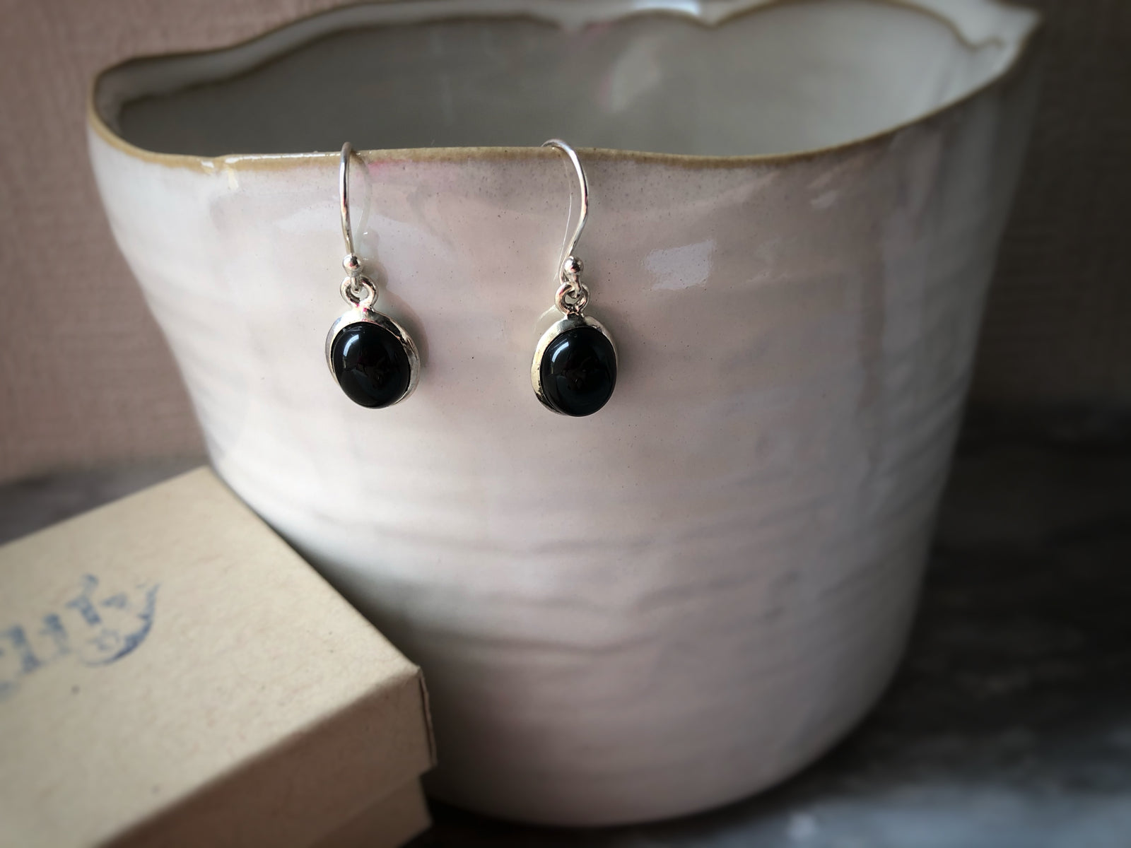 Black Onyx Oval Sterling Silver Drop Earrings