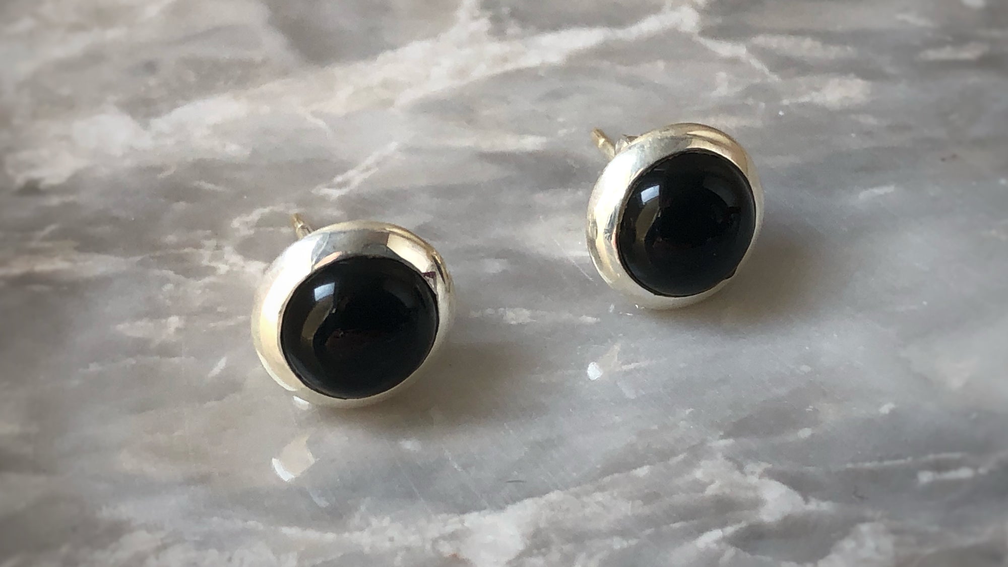 Black Onyx Round Sterling Silver Stud Earrings