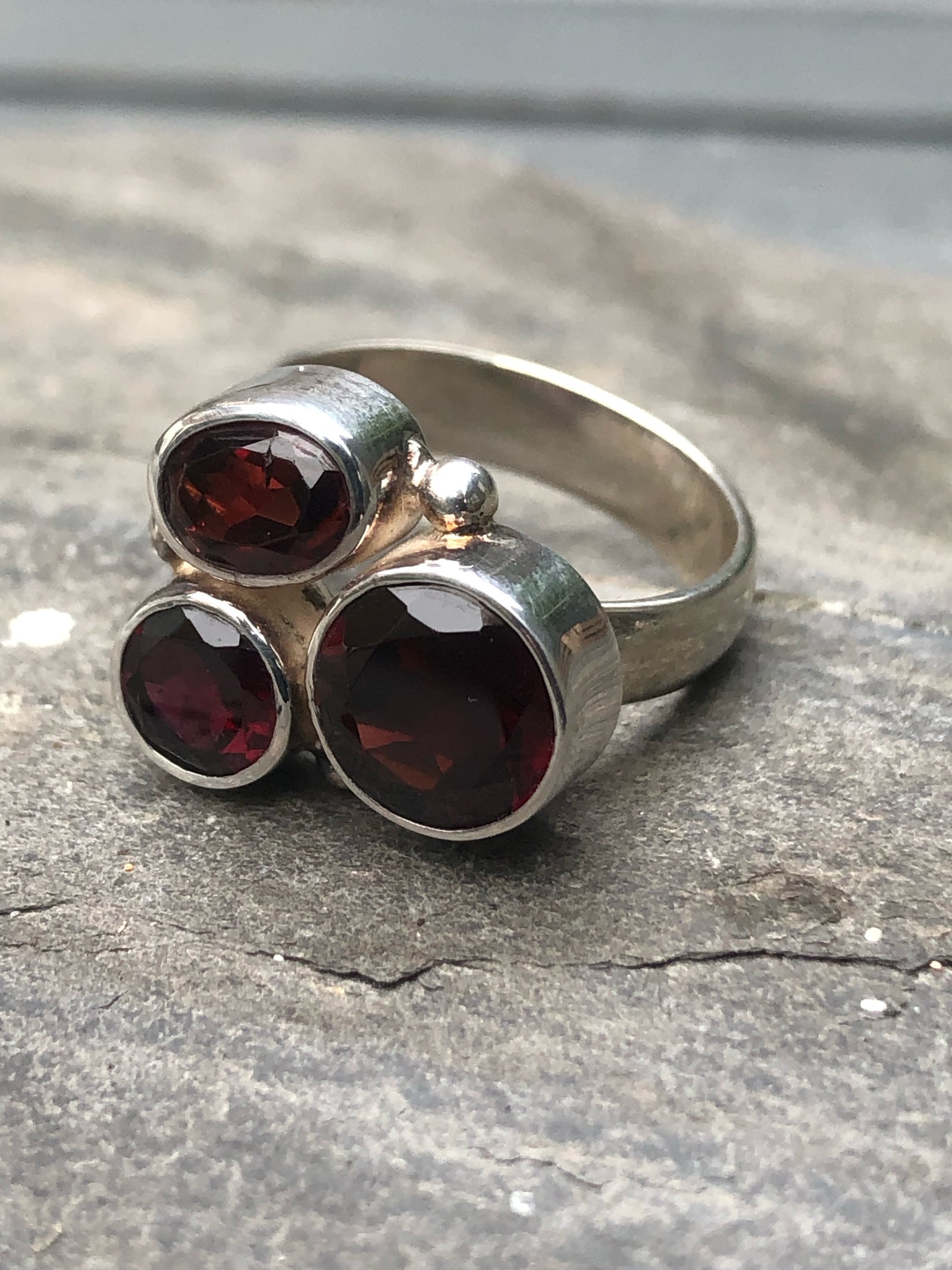 Garnet Triple Cut Gemstone Silver Ring