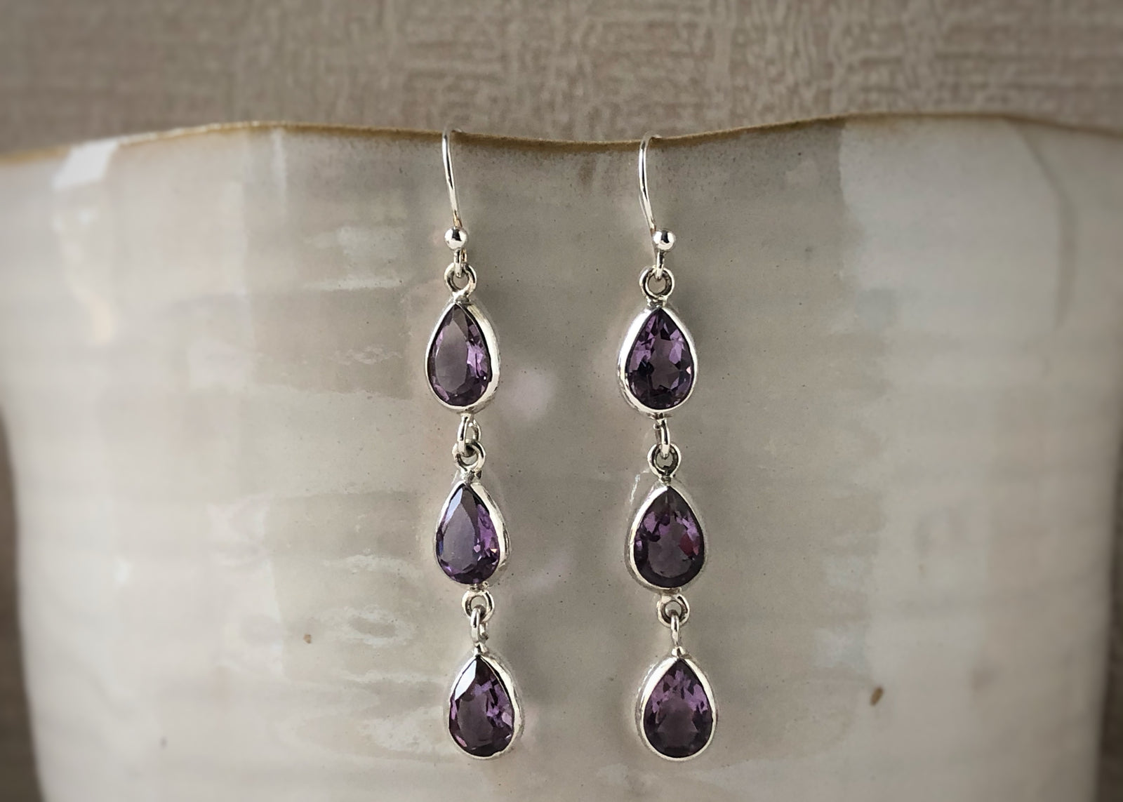 Triple Teardrop Amethyst Silver Earrings