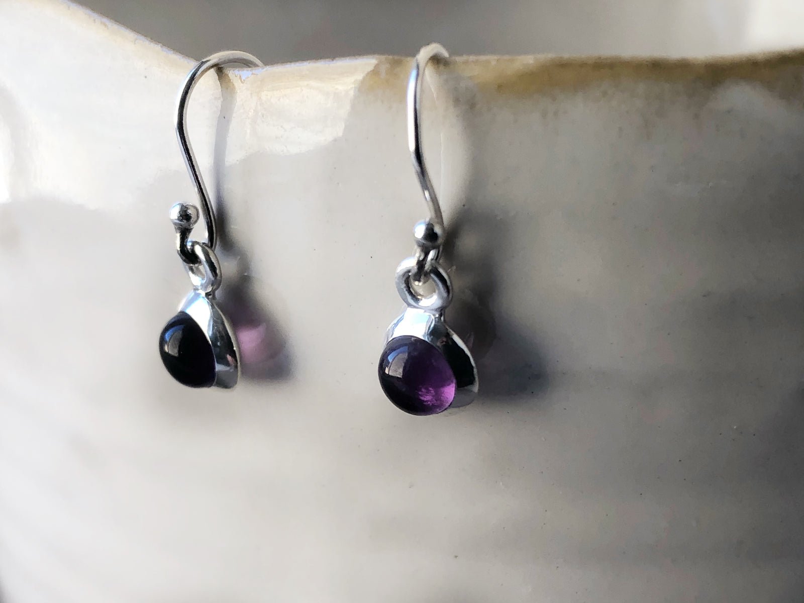 Small Amethyst Round Sterling Silver Drop Earrings