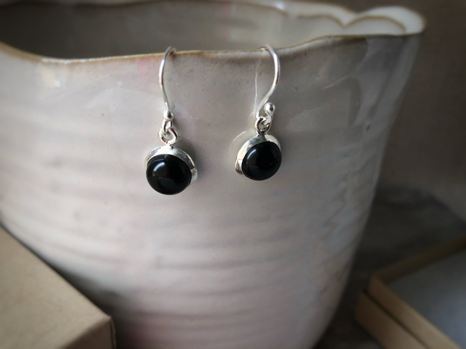 Black Onyx Round Sterling Silver Drop Earrings
