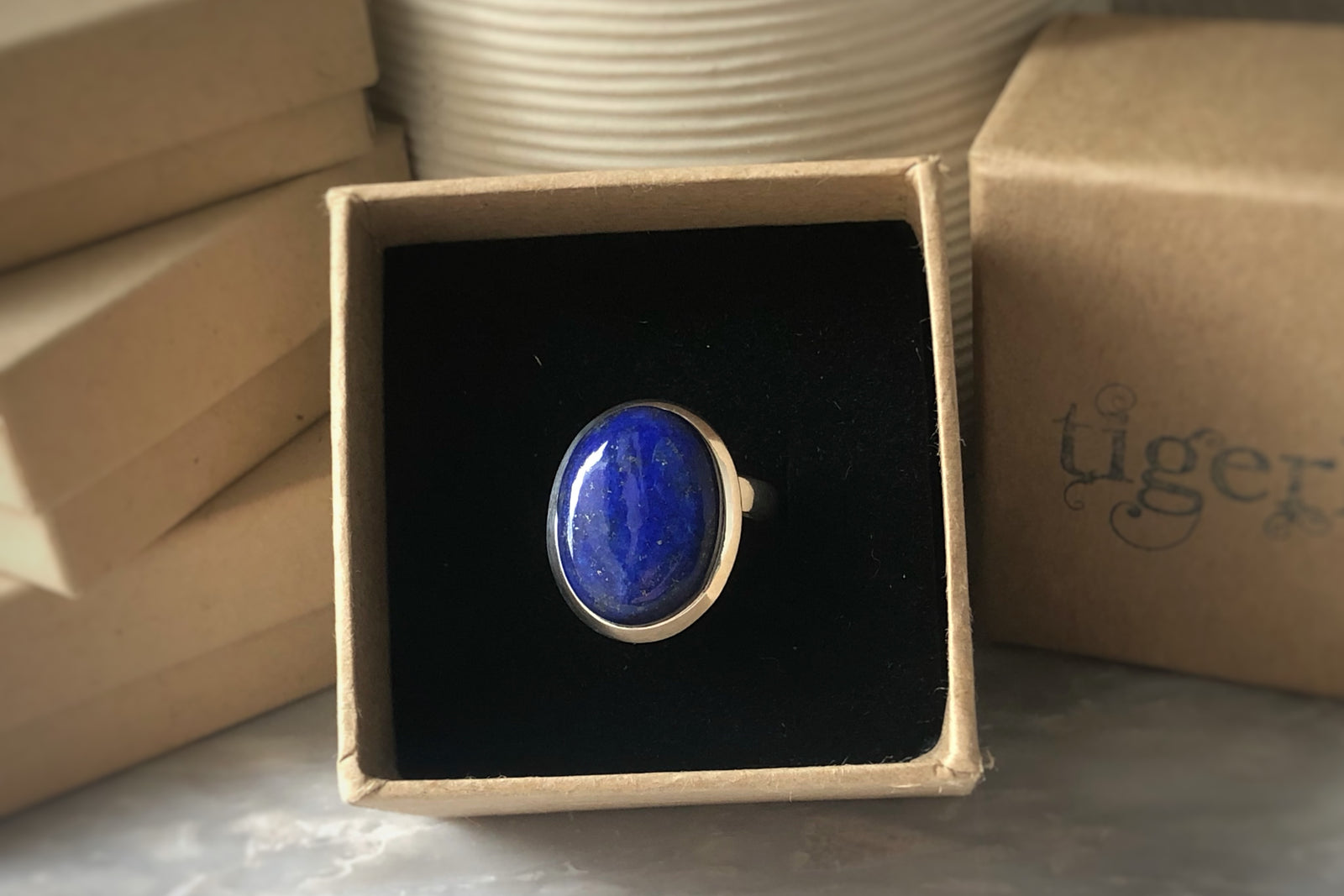 Large Blue Lapis Sterling Silver Ring Tiger Lily London