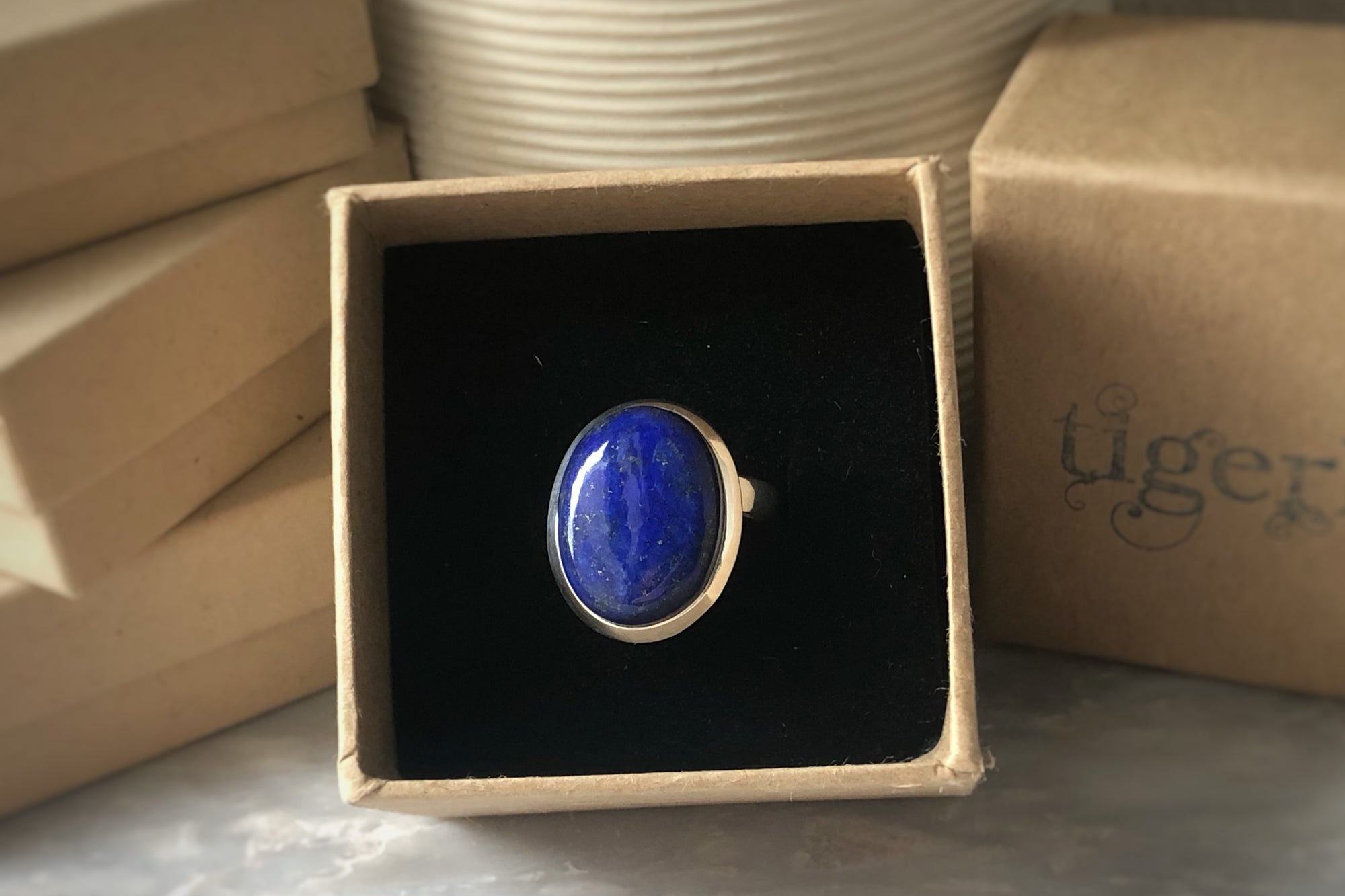 Large Blue Lapis Sterling Silver Ring Tiger Lily London