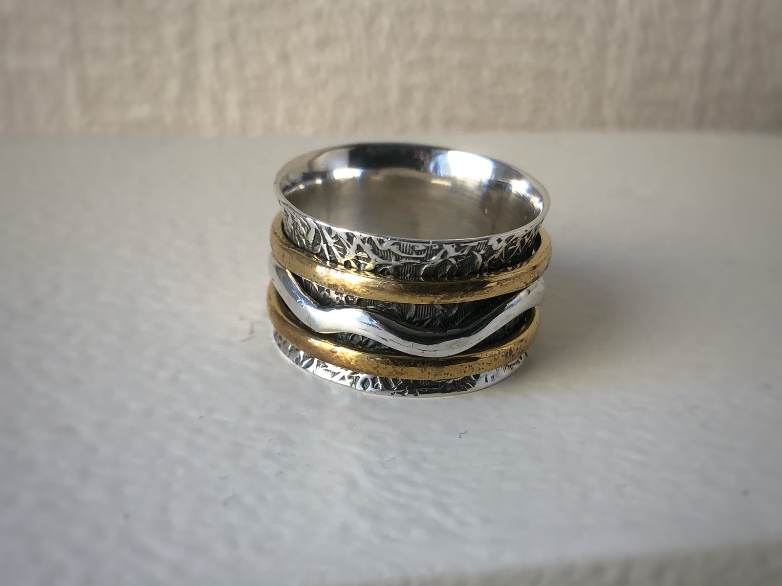 Brass, Copper and Sterling Silver Rustic Wave Spinning Ring Tiger Lily London