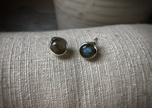 Small Labradorite Round Sterling Silver Stud Earrings Tiger Lily London