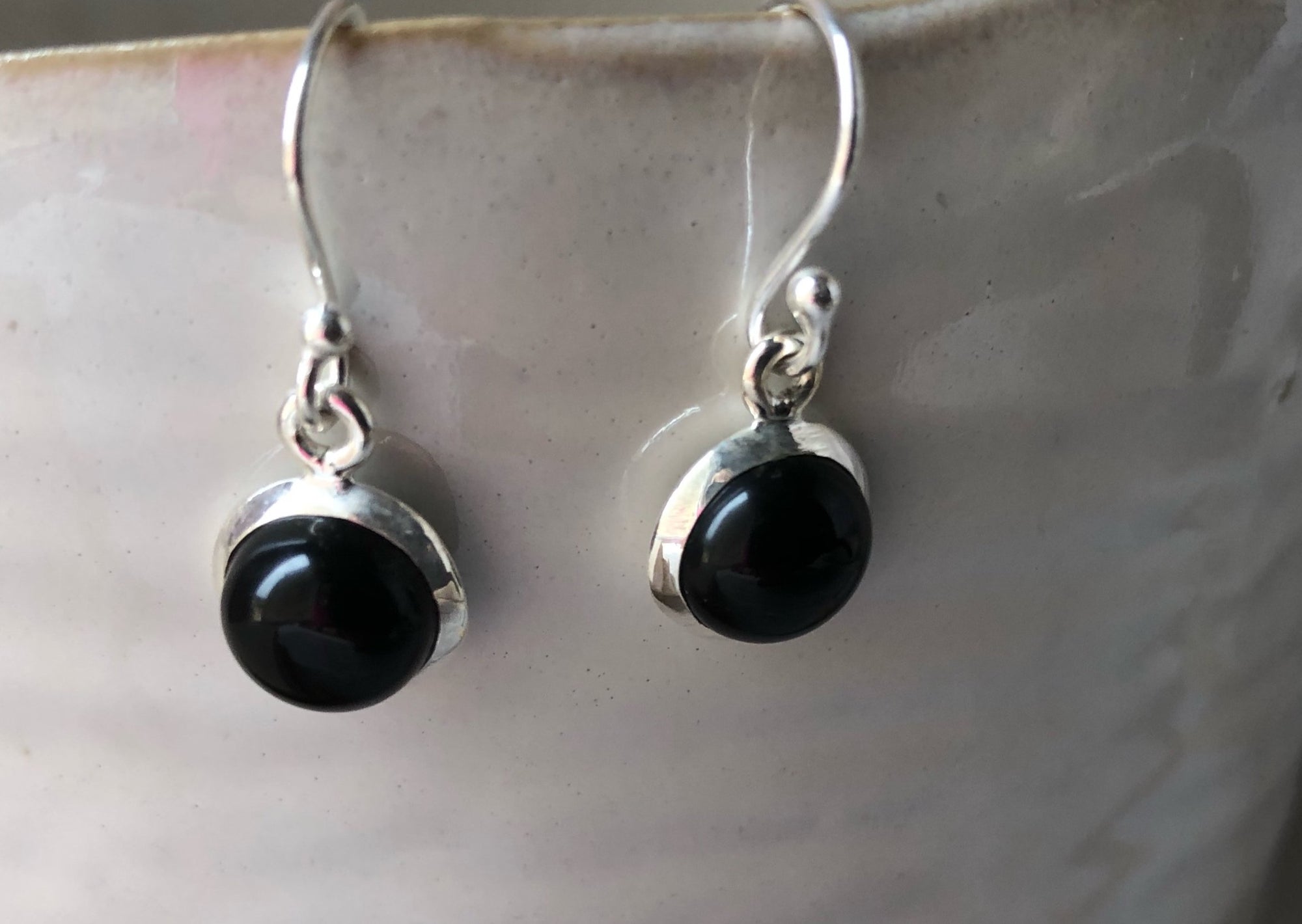 Black Onyx Round Sterling Silver Drop Earrings