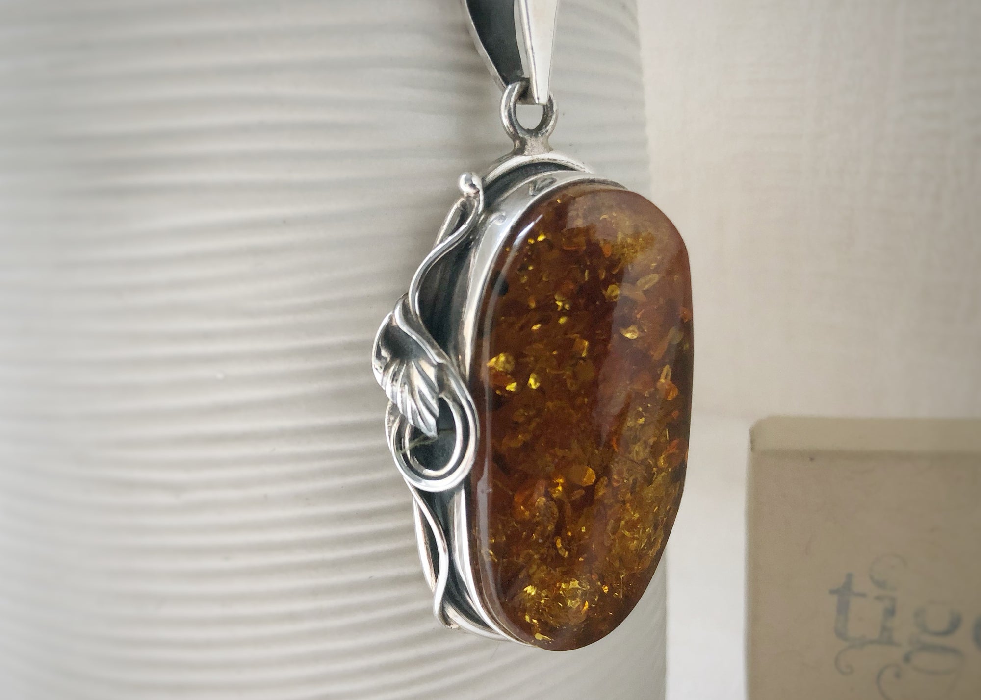 Baltic Amber Large Sterling Silver Pendant Necklace Tiger Lily London