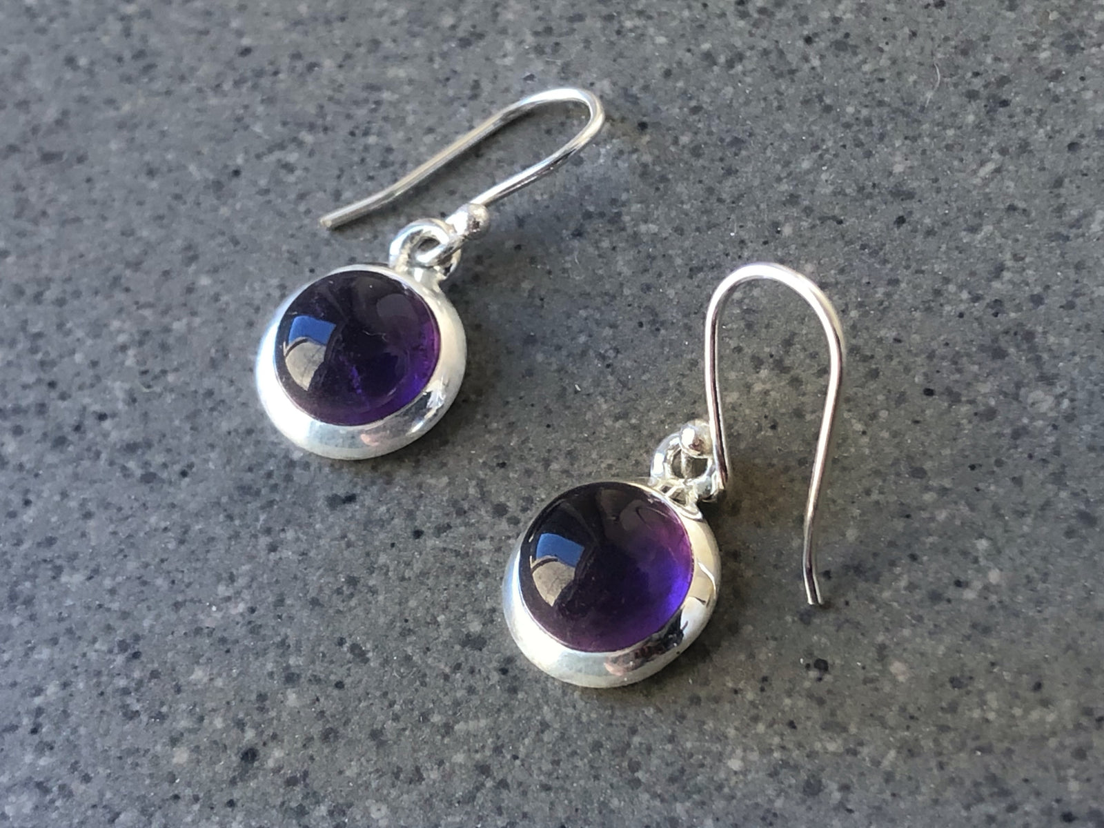 Medium Amethyst Round Silver Drop Earrings