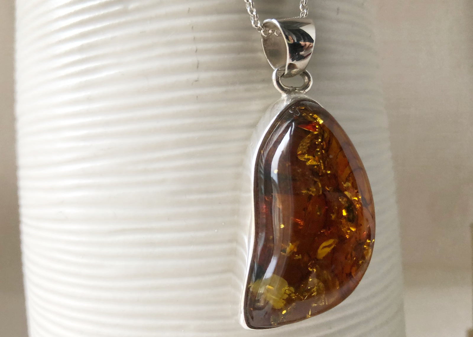 Baltic Toffee Amber Sterling Silver Medium Pendant Necklace Tiger Lily London
