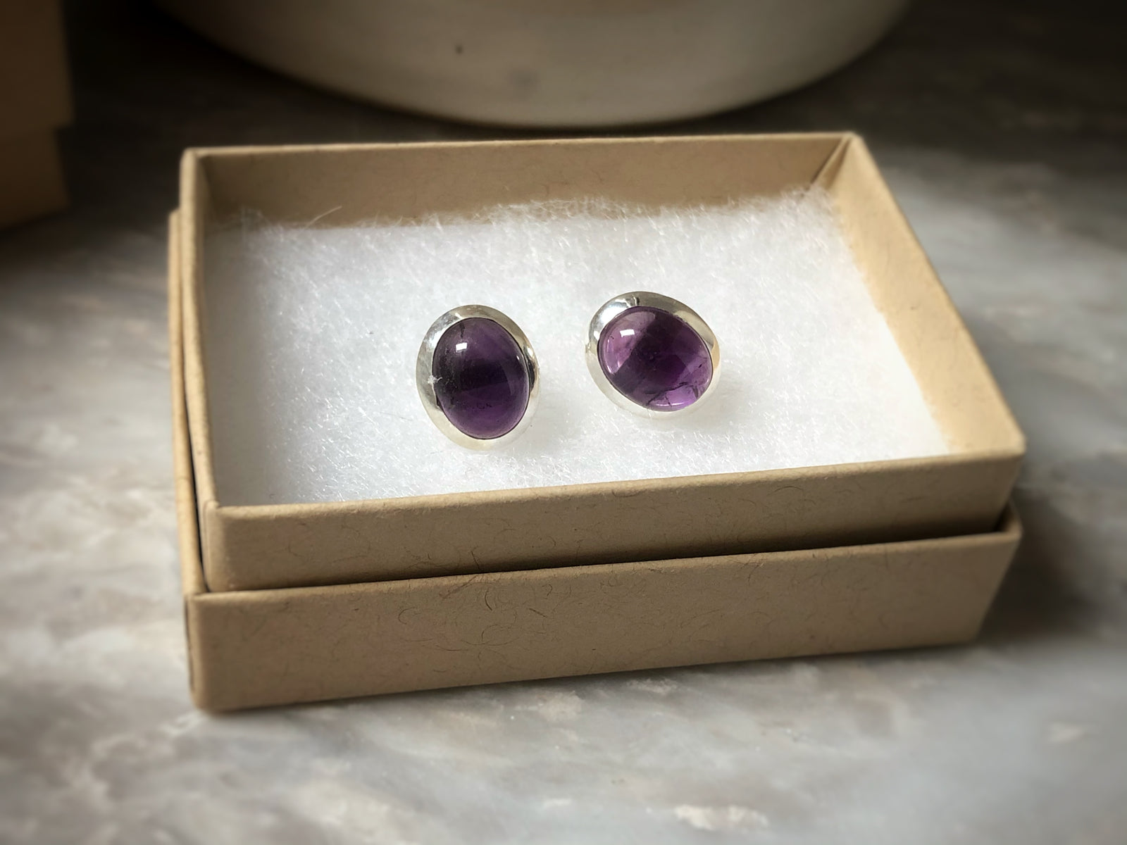 Sterling Silver Amethyst Gemstone Oval Stud Earrings Tiger Lily London