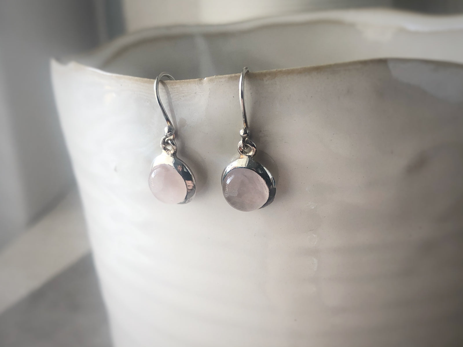 Rose Quartz Round Silver Drop Earrings