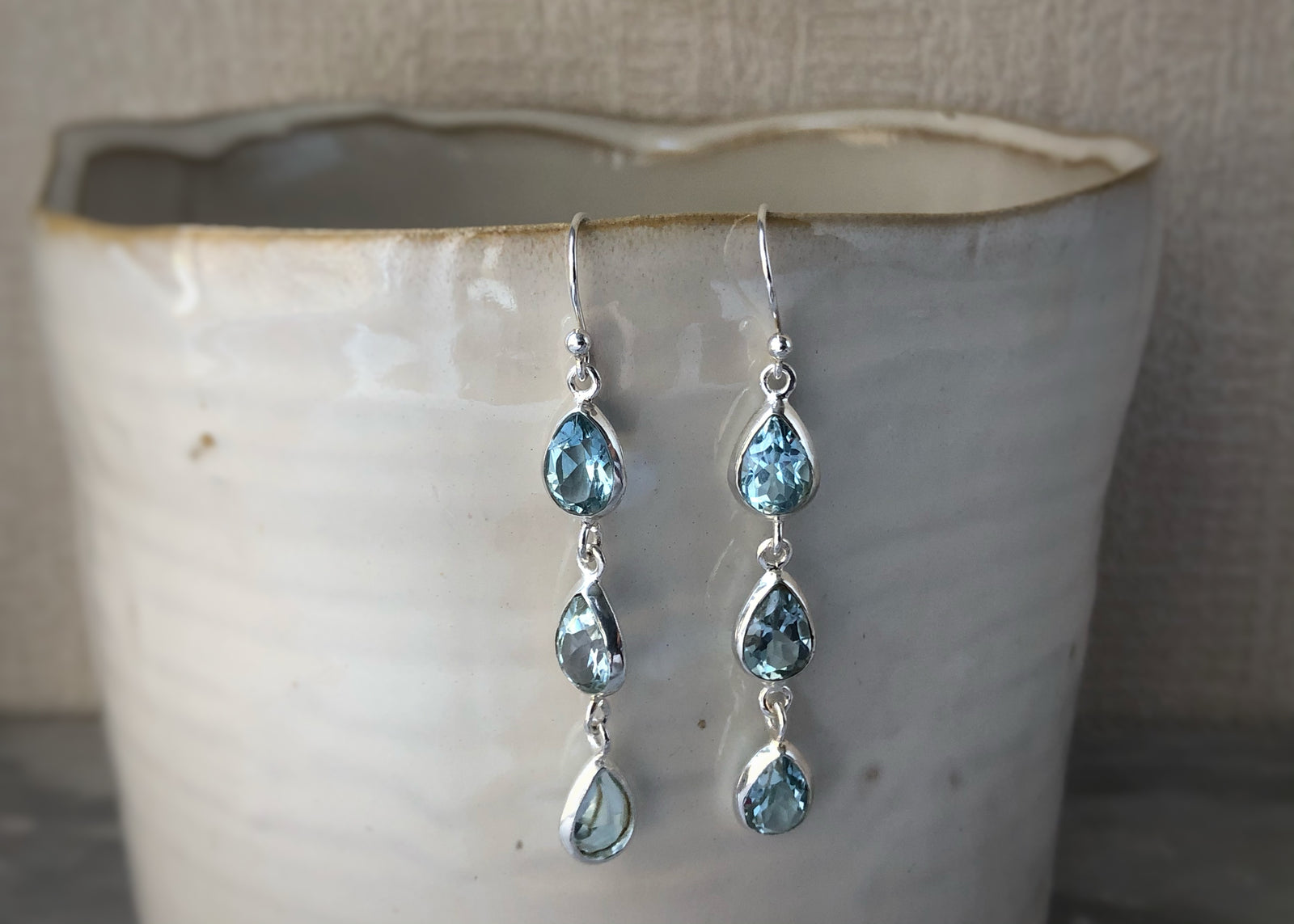 Triple Blue Teardrop Topaz Silver Earrings