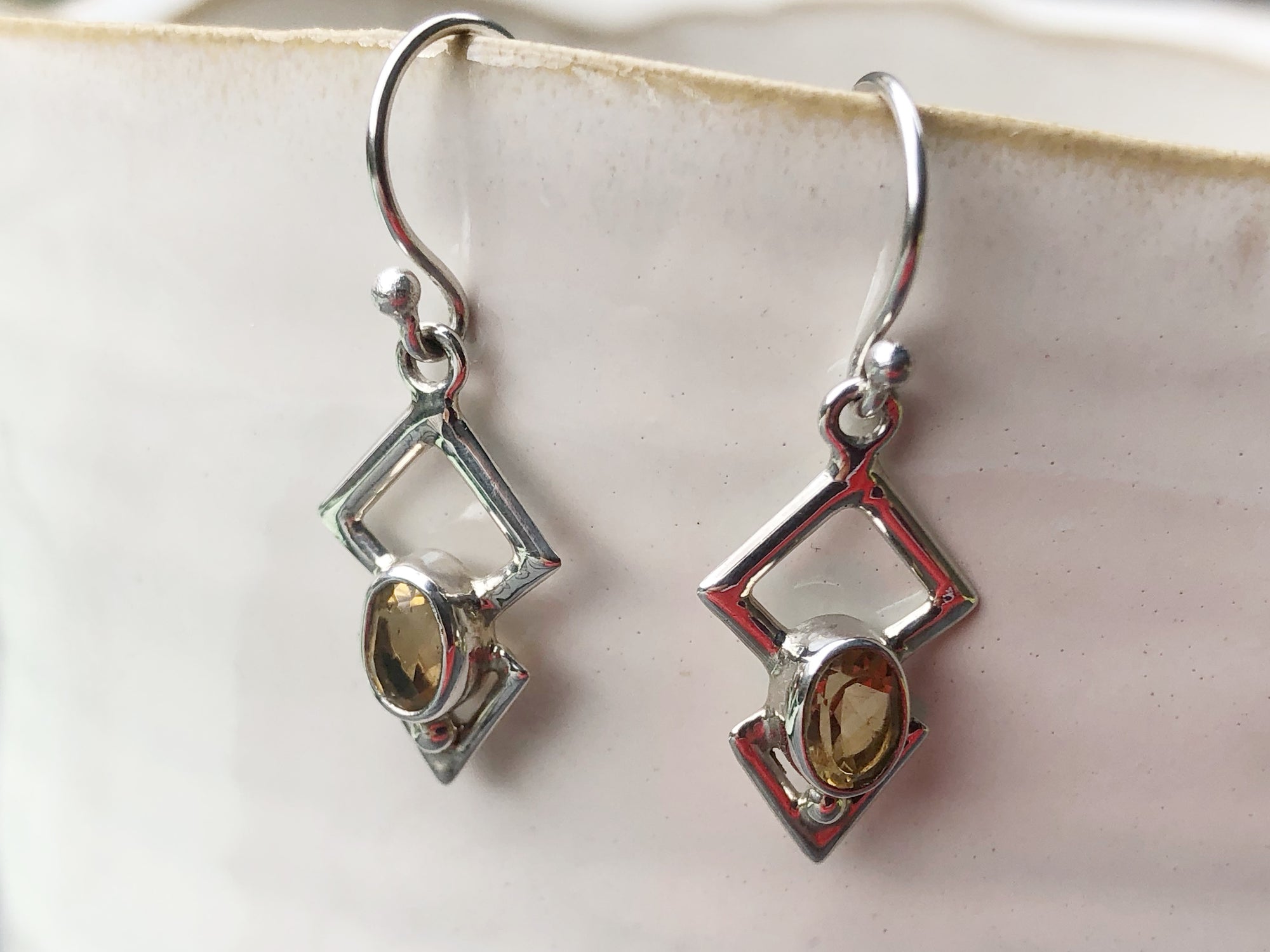 Citrine and Silver Aztec Inspired Drop Earrings