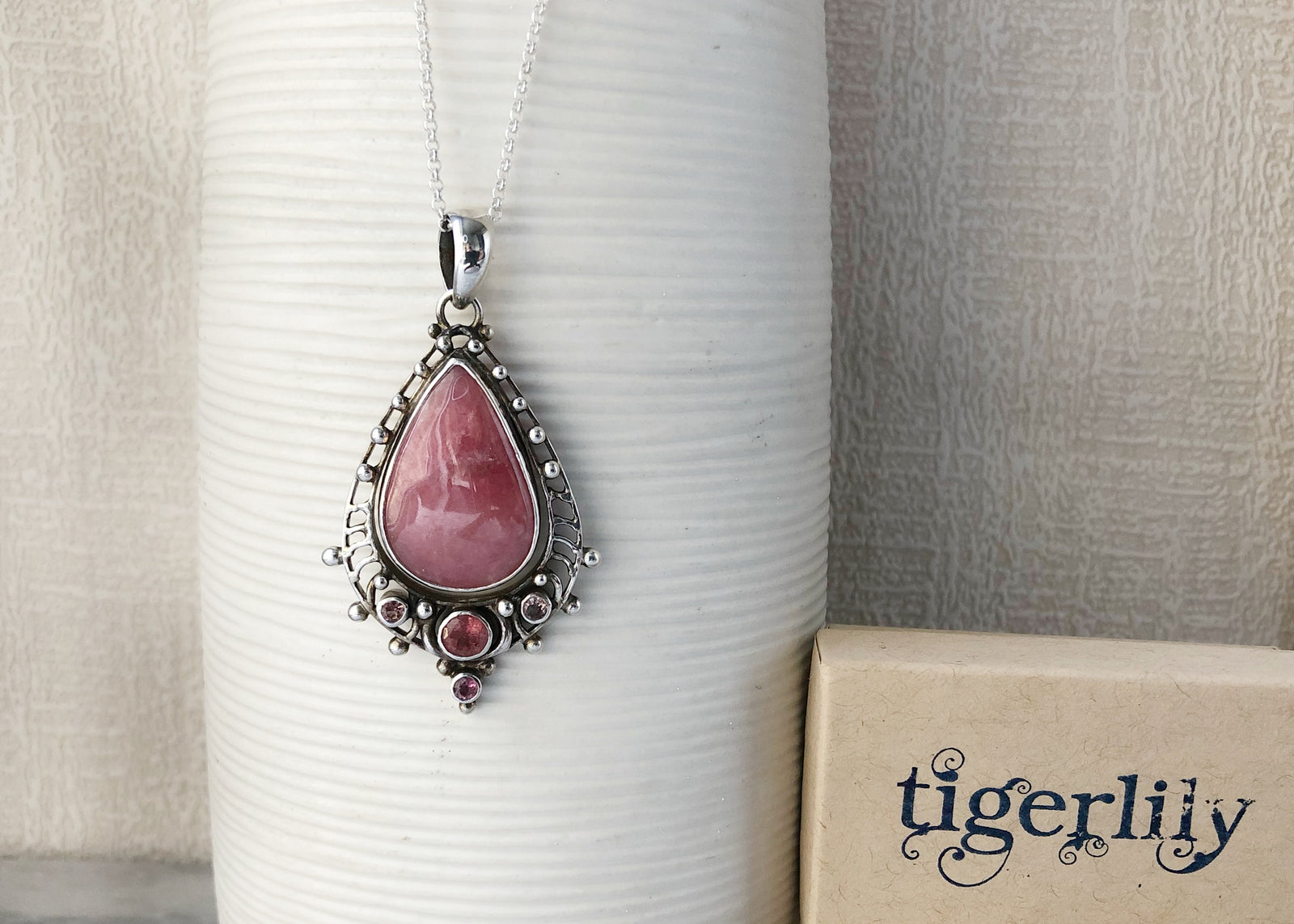 Rhodochrosite and Pink Tourmaline Sterling Silver Pendant Necklace Tiger Lily London